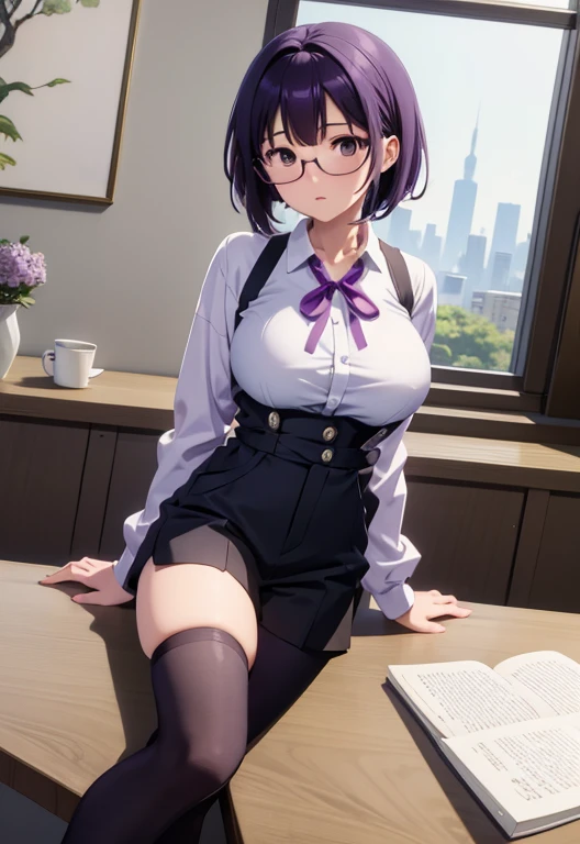 masterpiece, highest quality, High resolution, 1 Female Mirai Mikagura，purple hair，yasuda suzhito painting style，The big purple ribbon of the school uniform around the neck，lilac glasses，big breasts，white dress shirt，black tights，short bob，sharp eyes，black overalls pants