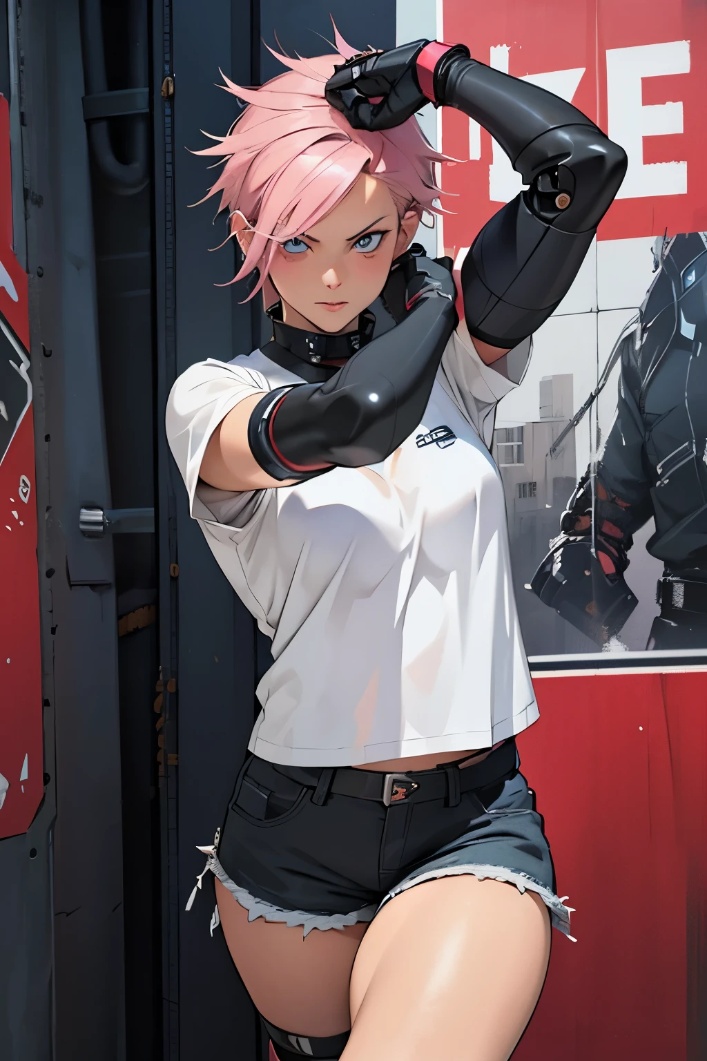 concept art, detailed sketch, sketch drawing, manga art style, young woman in casual black blouse with short shorts, British features, short pink hair with dark roots, light blue eyes, slightly defined muscles, slightly muscular arms, wearing gloves punk, robotic prosthetic left arm, in dynamic pose