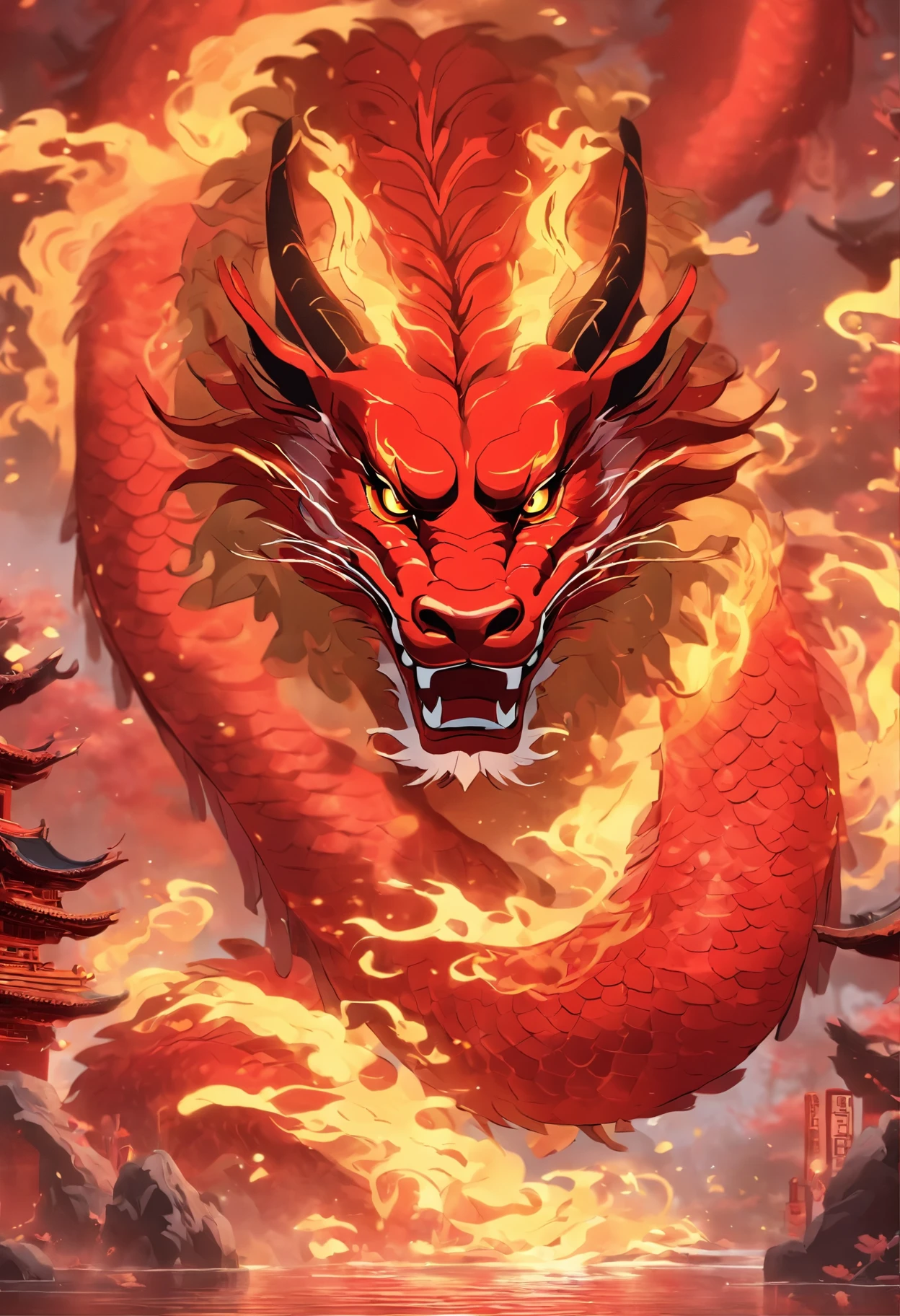 chinesedragon，Traditional Chinese culture，levitating，meander，Red tone，tmasterpiece，4K