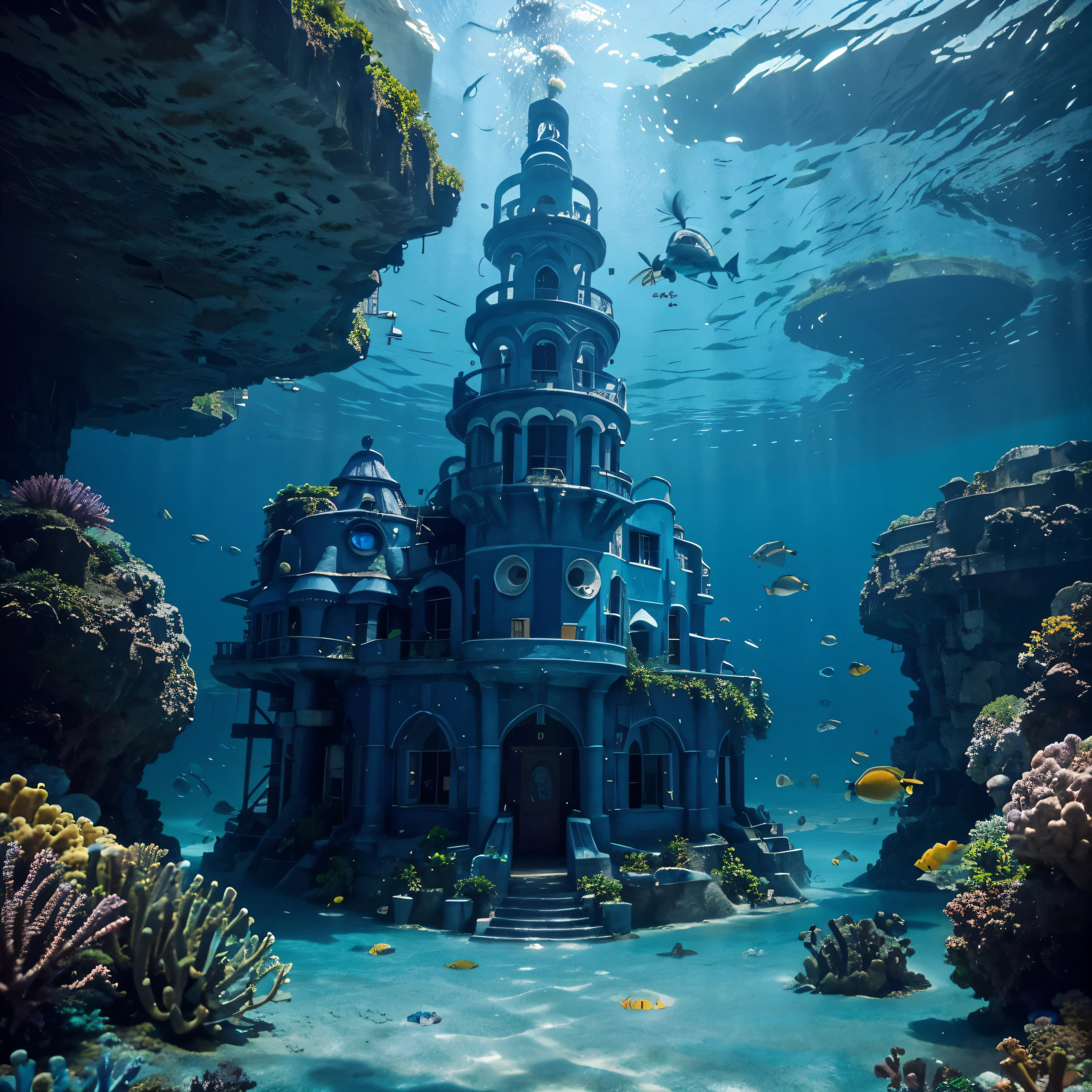 Create the lost underwater city of Atlantis. Make the city vibrant with allot of electric blue and purple colors. Add fish, and Jelly fish and. Add 1 single man swimming with scuba gear. Add bubbles and colors to the city. Style is photorealistic.
