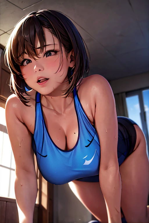 Realistic、45-year-old girl、crawl on all fours,Facing backwards，hip emphasis,on the bed，standard body shape,sports bra,track and field uniforms,short hair