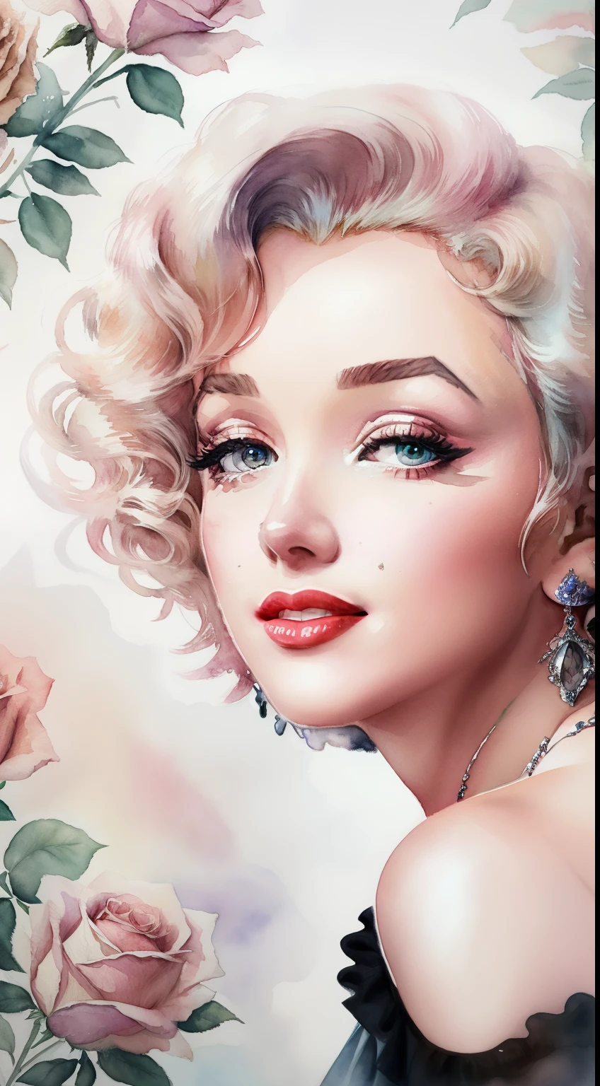 close up photo of Marilyn Monroe, off shoulder , watrcolor style, (rose) digital art, black background, among the roses, official art, blown by the wind, masterpiece, beautiful, ((watercolor)), paint splatter, intricate detail. Great detail, [dripping:0.7], Trending on Artstation, Rachel Walker