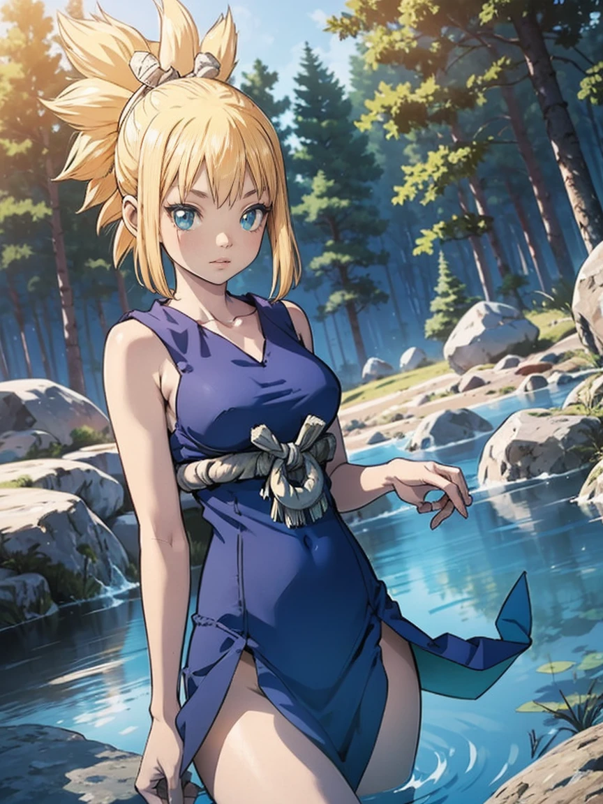 Alone. solo. kohaku illustration by dr. stone in a small river. They are playing in the water in a forest during a sunny day.  reflection, shine