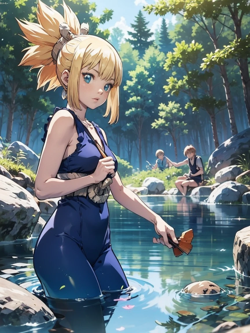 Alone. solo. kohaku illustration by dr. stone in a small river. They are playing in the water in a forest during a sunny day.  reflection, shine