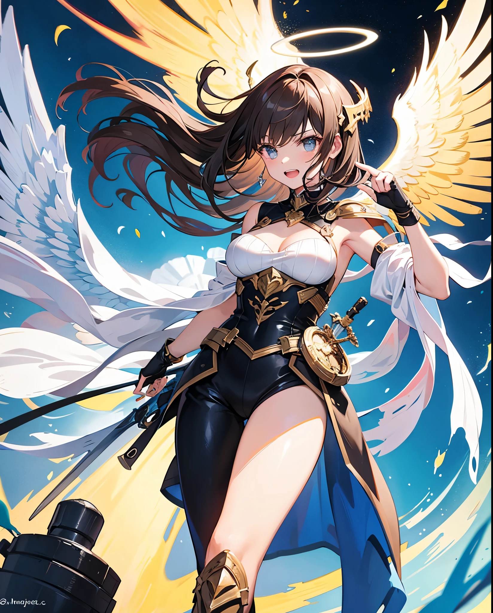 fantasy, 1angel_girl,child, loli,brown_hair, medium_bob_hair, long_bangs, halo,bare_shoulder,thighhighs,silver_armor, waist_armor, large_breasts,angry,grinning,open_mouth_teeth, 1pair_wings, dynamic_pose_fighting,floating, bare_crotch, headgear,gauntlet, greaves,city_sky_background,slightly_spread_legs, solo, groin_naked,dark_skin,