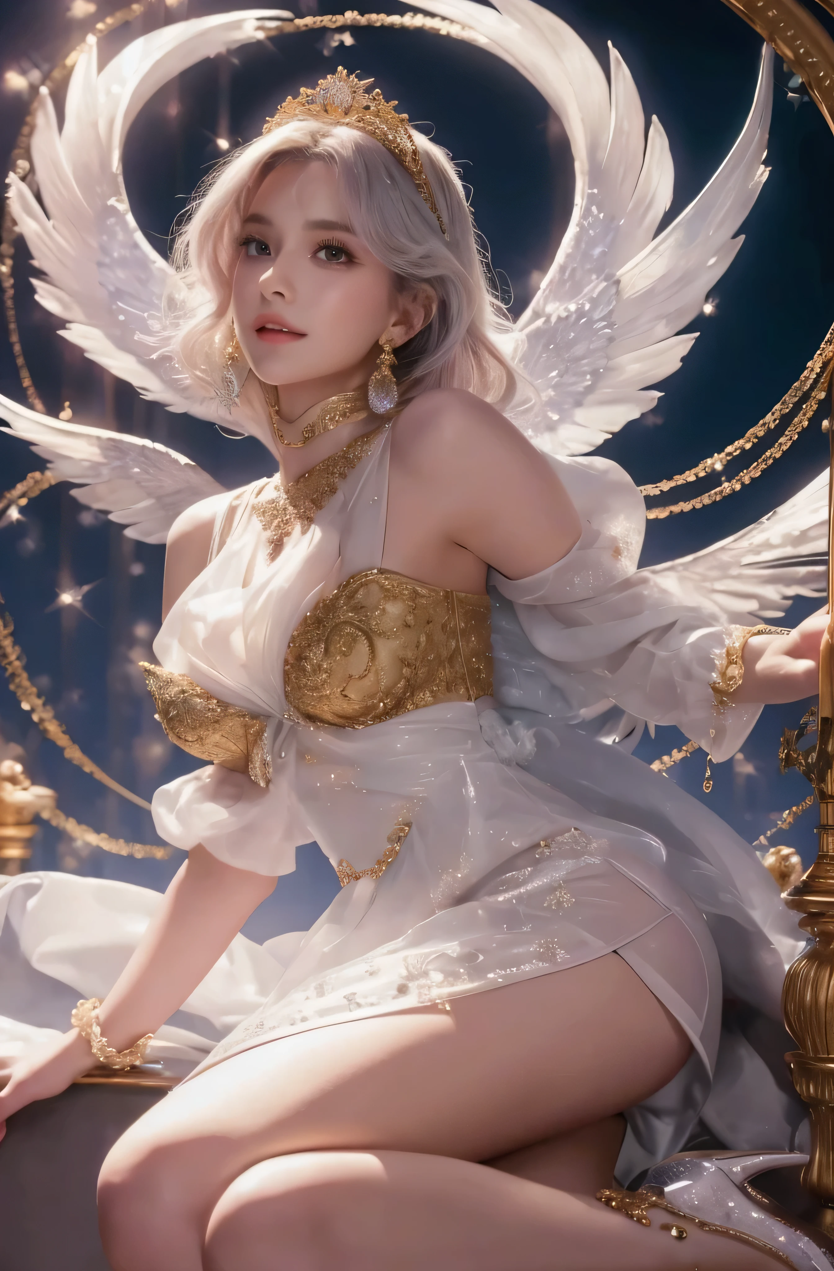 castle in the distance、face is in front、look at the camera、profile、8K、real photos、ultra high resolution, master parts, highest quality, ticker , cinematic images,nice girl、Ann、16 only、Annグロサクソン、double eyelid、droopy eyes、very big eyes、eyes are purple、dark eye shadow、lips are very thin、The tip of your nose grows beautifully...........、small nose,,,,, very detailed , silver hair、straight short hair、smile、 sweet expression 、very beautiful woman、long legs、 very clear shadows , jewelry , sexy 、), fine eyes, Very difficult, shiny skin , パーフェクトブリリAnnト, perfect sentence, dramatic shadow、white tiara on head、gold necklace around neck、White aristocratic dress with gold embroidery、glass high heels、White Wings of an Angel