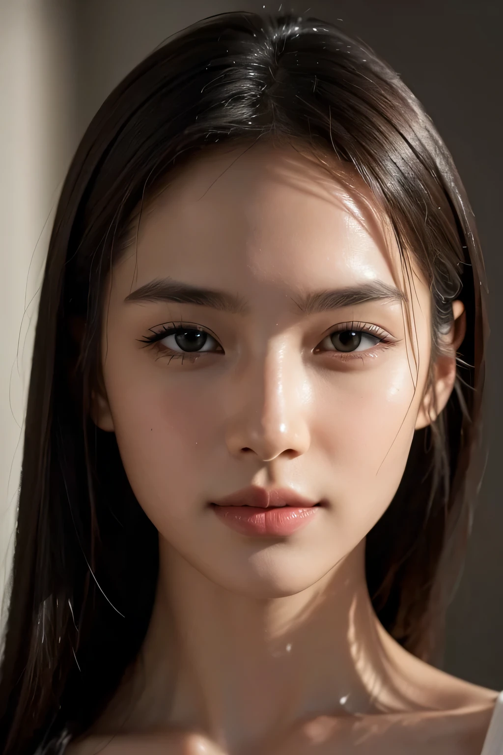 (Enhances the beauty of skin texture:1.1), highest quality、masterpiece, ultra high resolution、(Photoreal:1.4)、RAW photo、1 girl、shiny skin, wet body, dramatic lighting, RAW photo, table top:1.3, Super high resolution:1.0, sharp focus:1.2, beautiful woman with perfect figure:1.4, thin abs:1.2, wet body:1.5, Highly detailed face and skin texture, fine eyes, double eyelid, perfect facial balance, Clean system, smile, Soft light in a beautiful studio, rim light, vivid details, surreal, fine and beautiful skin, realistic skin, rubber suit, beautiful face, Beautiful woman, high solution face, Soft texture, nude, close up of face, glorious skin, face of glory, crazy high resolution, oily skin, oily face