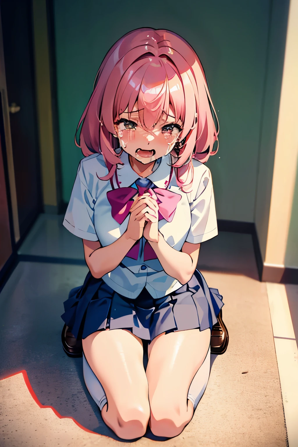 Top Quality, Masterpiece, High Definition, Very Detailed, 8k, One Girl, Cute, Anime, Crystal Clear White Skin, Asian Girl, Sensual, Full Body, Young, Junior High School, 13 Years Old, Child, (Hair color is light pink), School hallway, Summer cute uniform, Hair rises fluffily, Miniskirt, Lift-up skirt, Crying loudly, Close both eyes, scream, Awesome anger, High angle, crying, Looking up, kneeling hands crying on floor, front camera