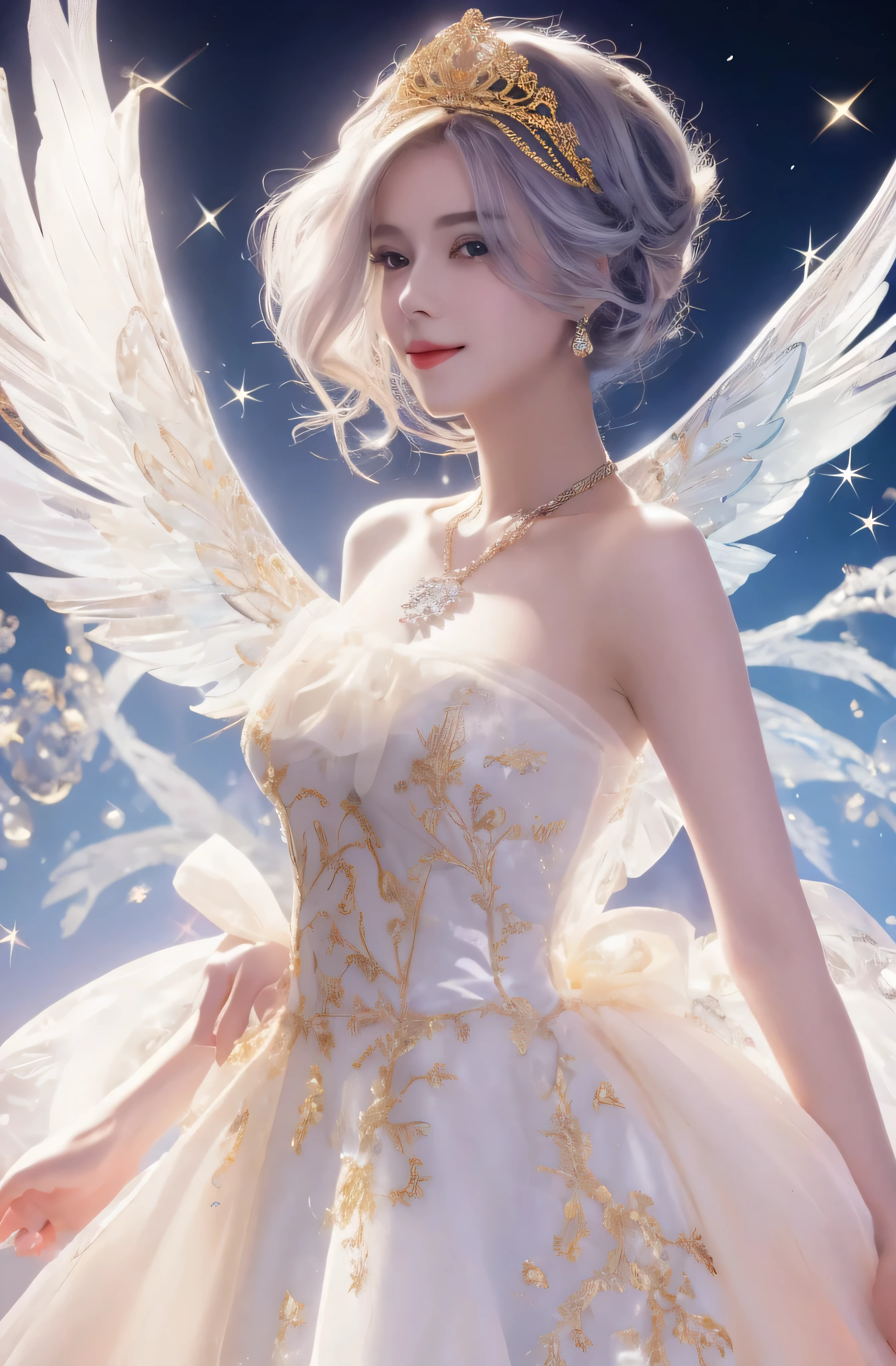 castle in the distance、face is in front、look at the camera、profile、8K、real photos、ultra high resolution, master parts, highest quality, ticker , cinematic images,nice girl、Ann、16 only、Annグロサクソン、double eyelid、droopy eyes、very big eyes、eyes are purple、dark eye shadow、lips are very thin、The tip of your nose grows beautifully....................、small nose,,,,, very detailed , silver hair、straight short hair、smile、 sweet expression 、very beautiful woman、long legs、 )、very clear shadows , jewelry , fine eyes, Very difficult, shiny skin , パーフェクトブリリAnnト, perfect sentence, dramatic shadow、white tiara on head、gold necklace around neck、White aristocratic dress with gold embroidery、glass high heels、White Wings of an Angel