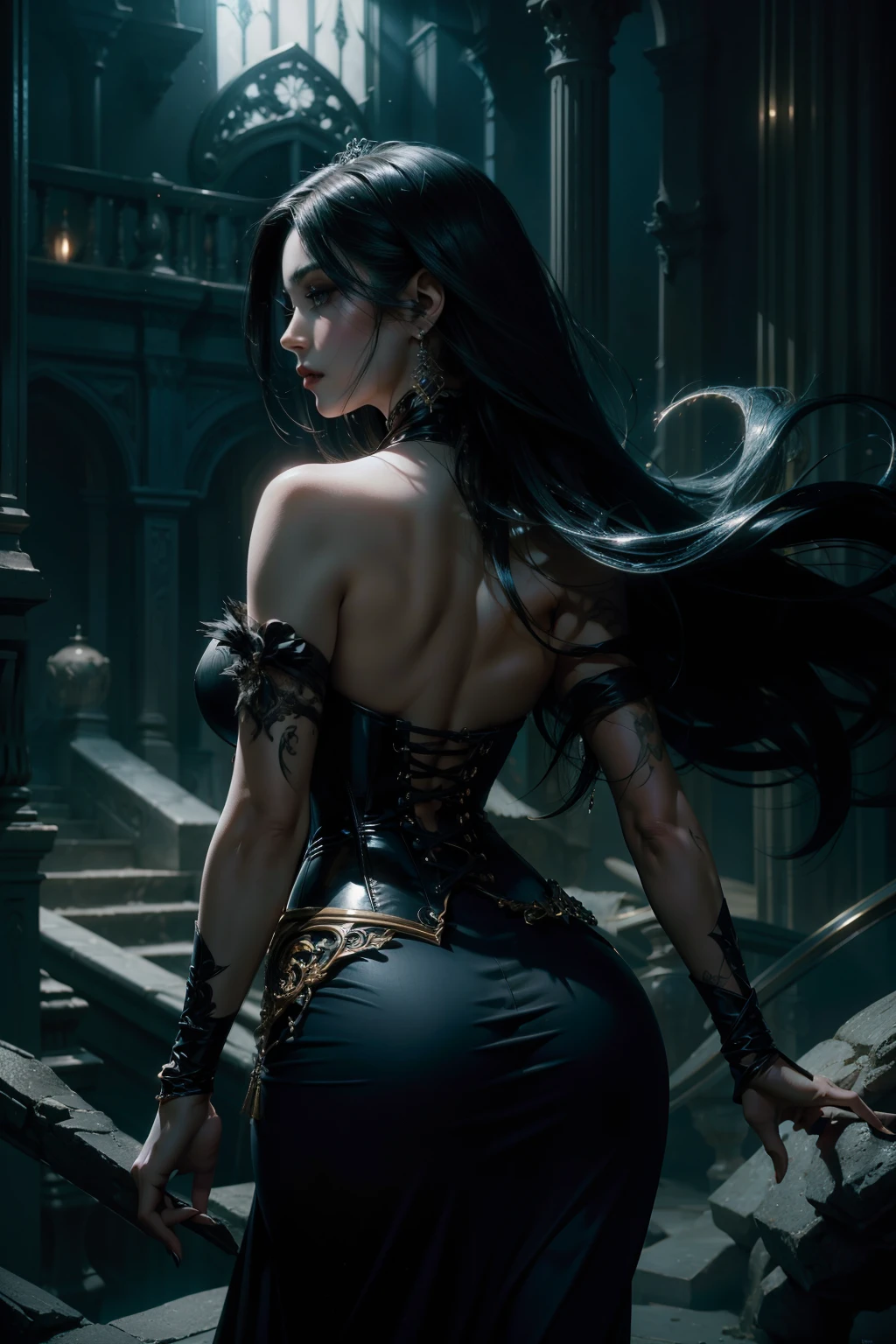 Beautiful painting of a perfect female vampire, slender figure accentuating her hourglass shape, large breasts cascading from a shapeless, long, flowing black hair, radiant perfect features, wearing an extremely baroque, revealing corset that hugs her curves, upper body shot capturing the intricate details of her clothing and the seductive glint in her eyes, an abstract beauty embodying near perfection and pure form, dynamic pose exuding ethereal grace,set against an ethereal background painting, deep dark shadows contrasting with the strong cinematic lighting and back lighting that illuminates her porcelain skin, concept art masterpiece by Greg Rutkowski, John William Water