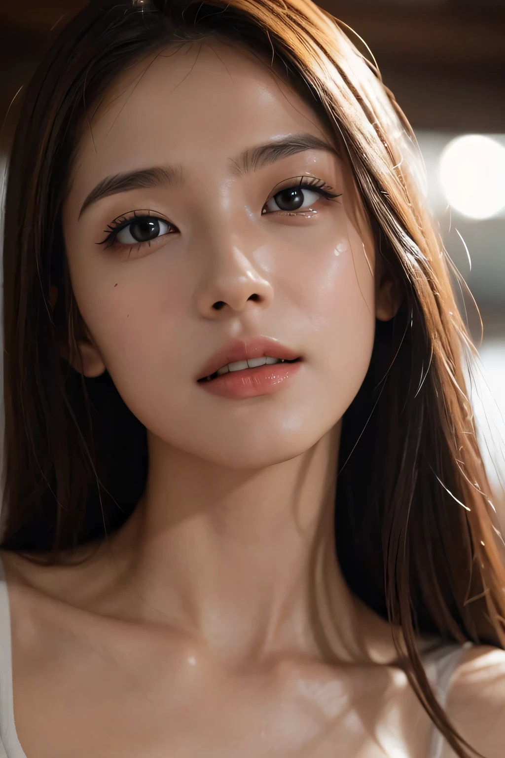 (Enhances the beauty of skin texture:1.1), highest quality、masterpiece, ultra high resolution、(Photoreal:1.4)、RAW photo、1 girl、shiny skin, wet body, dramatic lighting, RAW photo, table top:1.3, Super high resolution:1.0, sharp focus:1.2, beautiful woman with perfect figure:1.4, thin abs:1.2, wet body:1.5, Highly detailed face and skin texture, fine eyes, double eyelid, perfect facial balance, Clean system, smile, Soft light in a beautiful studio, rim light, vivid details, surreal, fine and beautiful skin, realistic skin, rubber suit, beautiful face, Beautiful woman, high solution face, Soft texture, nude, close up of face, glorious skin, face of glory, crazy high resolution, oily skin, oily face