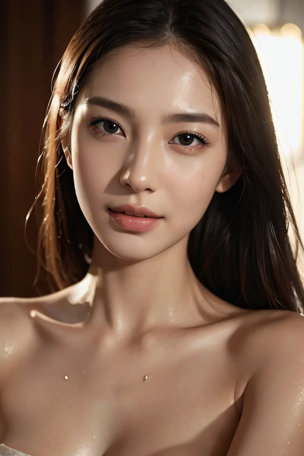 (Enhances the beauty of skin texture:1.1), highest quality、masterpiece, ultra high resolution、(Photoreal:1.4)、RAW photo、1 girl、shiny skin, wet body, dramatic lighting, RAW photo, table top:1.3, Super high resolution:1.0, sharp focus:1.2, beautiful woman with perfect figure:1.4, thin abs:1.2, wet body:1.5, Highly detailed face and skin texture, fine eyes, double eyelid, perfect facial balance, Clean system, smile, Soft light in a beautiful studio, rim light, vivid details, surreal, fine and beautiful skin, realistic skin, rubber suit, beautiful face, Beautiful woman, high solution face, Soft texture, nude, close up of face, glorious skin, face of glory, crazy high resolution, oily skin, oily face