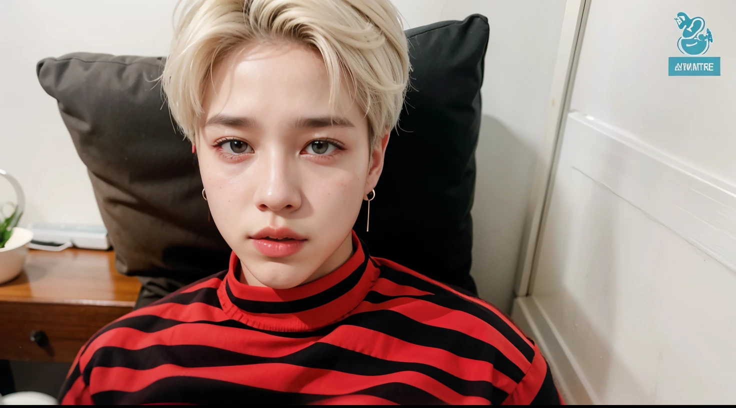 homem arafado com uma camisa listrada vermelha e preta sentado em uma cadeira, Jimin\the full lips, park Jimin, Jimin\the right eyelid is swollen, accurate Jimin face, Jimin, Jimin\o nariz grego, Jimin, min ji, park jimin, jimin park, min ji park, adorable and pale korean face