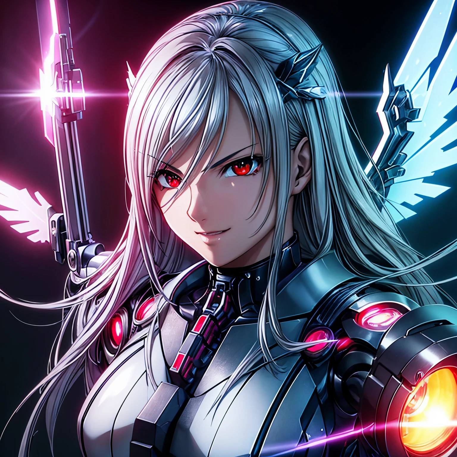 top-quality、​masterpiece、超A high resolution、(Photorealsitic:1.4)、女の子1人、silver hair、Straight hair, shiny and clean hair、White shiny skin、Sexy Cyberpunk Girl、((super realistic details))、Shadow、octan render、ultrasharp、hyperdetailed face、Fiberglass、Luminous tube、highly intricate detail、Realistic light、CGSoation Trends、(red eyes with slit pupils)、(Facing the camera)、neon details、Mechanical limbs、Mechanical vertebrae attached to the back、mechanical cervical attaching to neck、Wires and cables connecting to the head、((valkyrie))、((Beam Cannon))、Combat stance、((seductive pose:0.8))、(light_Smile:1.0)、full body、