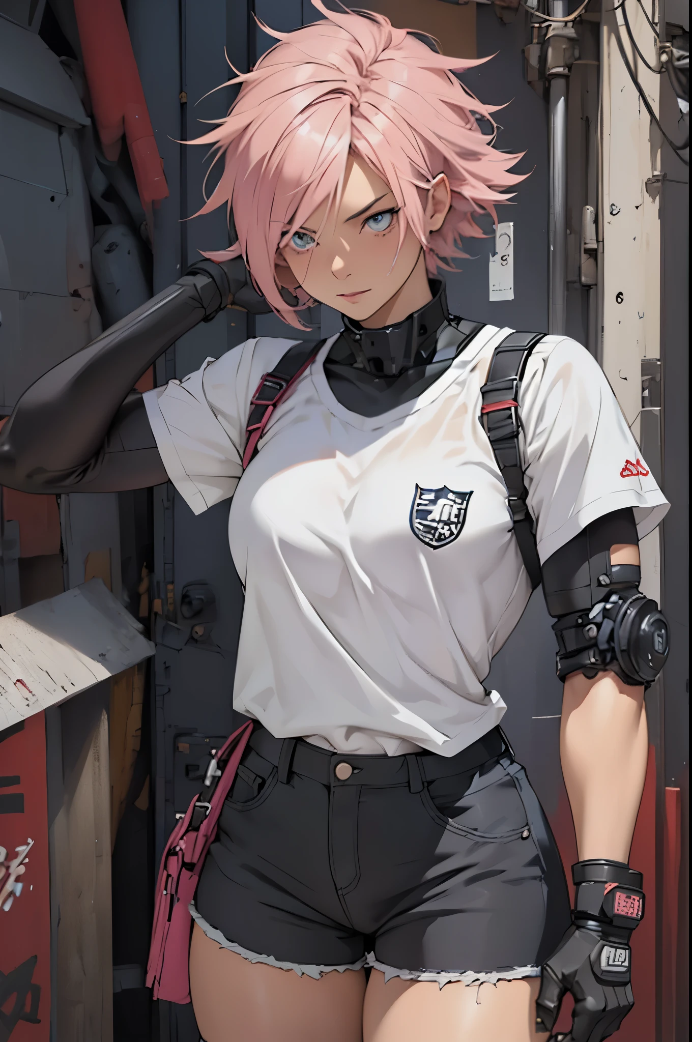 concept art, detailed sketch, sketch drawing, manga art style, young woman in casual black blouse with short shorts, British features, short pink hair with dark roots, light blue eyes, slightly defined muscles, slightly muscular arms, wearing gloves punk, robotic prosthetic left arm, in dynamic pose
