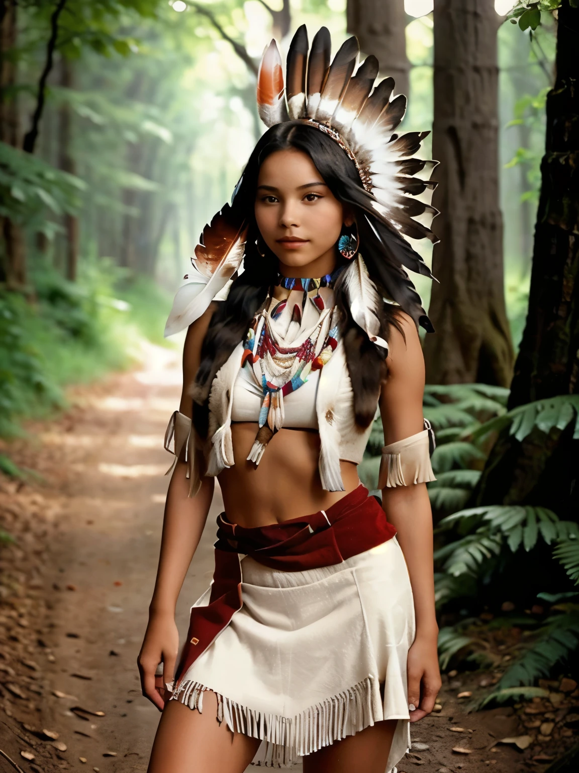 Native American girl in a red dress with feathers and jewelry, wearing a native American choker, a young pocahontas, gorgeous young model, unique stunning face, perfect face, perfect eyes, slim lips, striking eye, penetrating eyes, slight smile, small cup size, hard erect nipples, hard nipples pressing against top, slim toned body, thin arms and legs, abs, small waist, slim thighs, native American, native rich jewelry, lovely bohemian princess, Indian girl with brown skin, beautiful young female shaman, tribal jewelry, madison beer girl, sophie mudd, pocahontas, full body head to toes, full body view, very realistic, standing in a forest, raining