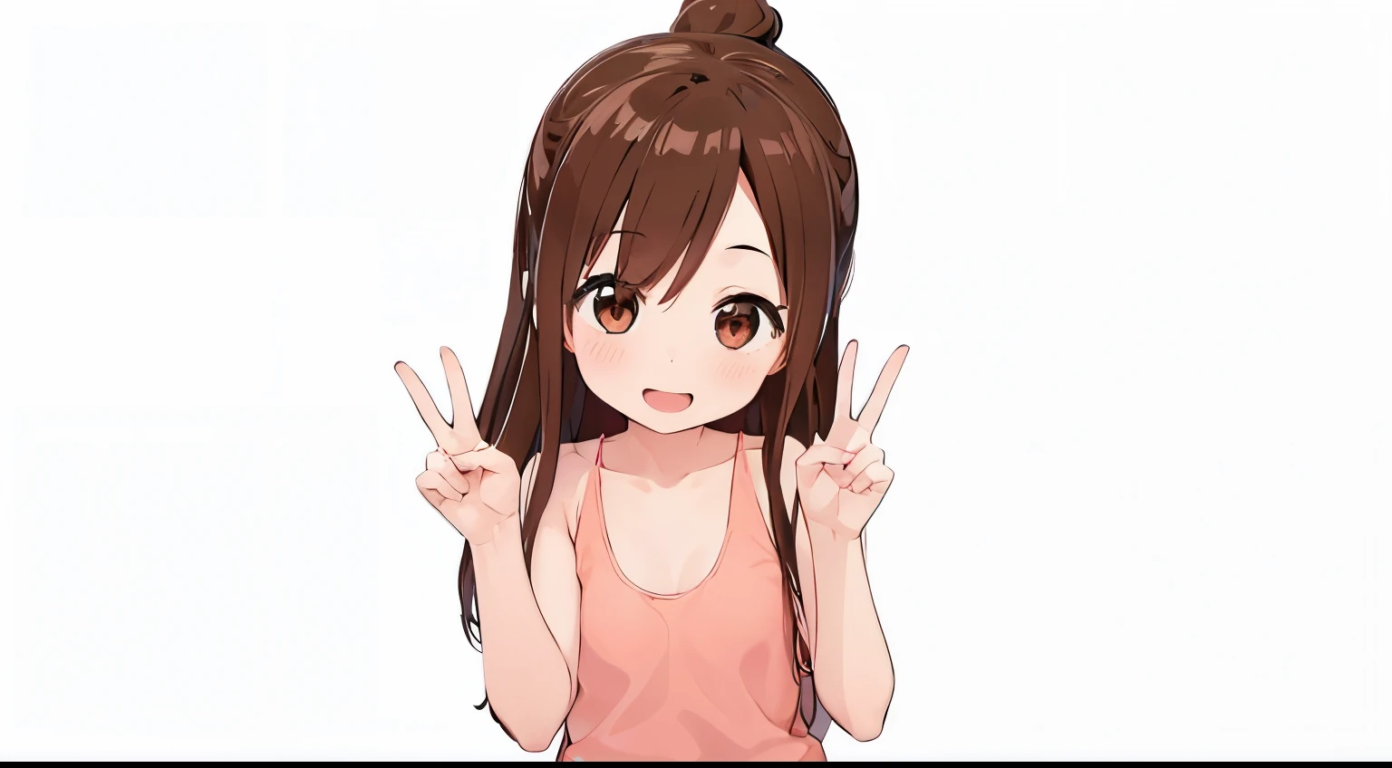 1girl, brown eyes, brown hair, bangs, long hair, half ponytail, creamy pink tank top, peace sign, happy, absurdres, high res, ultrasharp, 8K, masterpiece, looking at viewer, smiling, cute