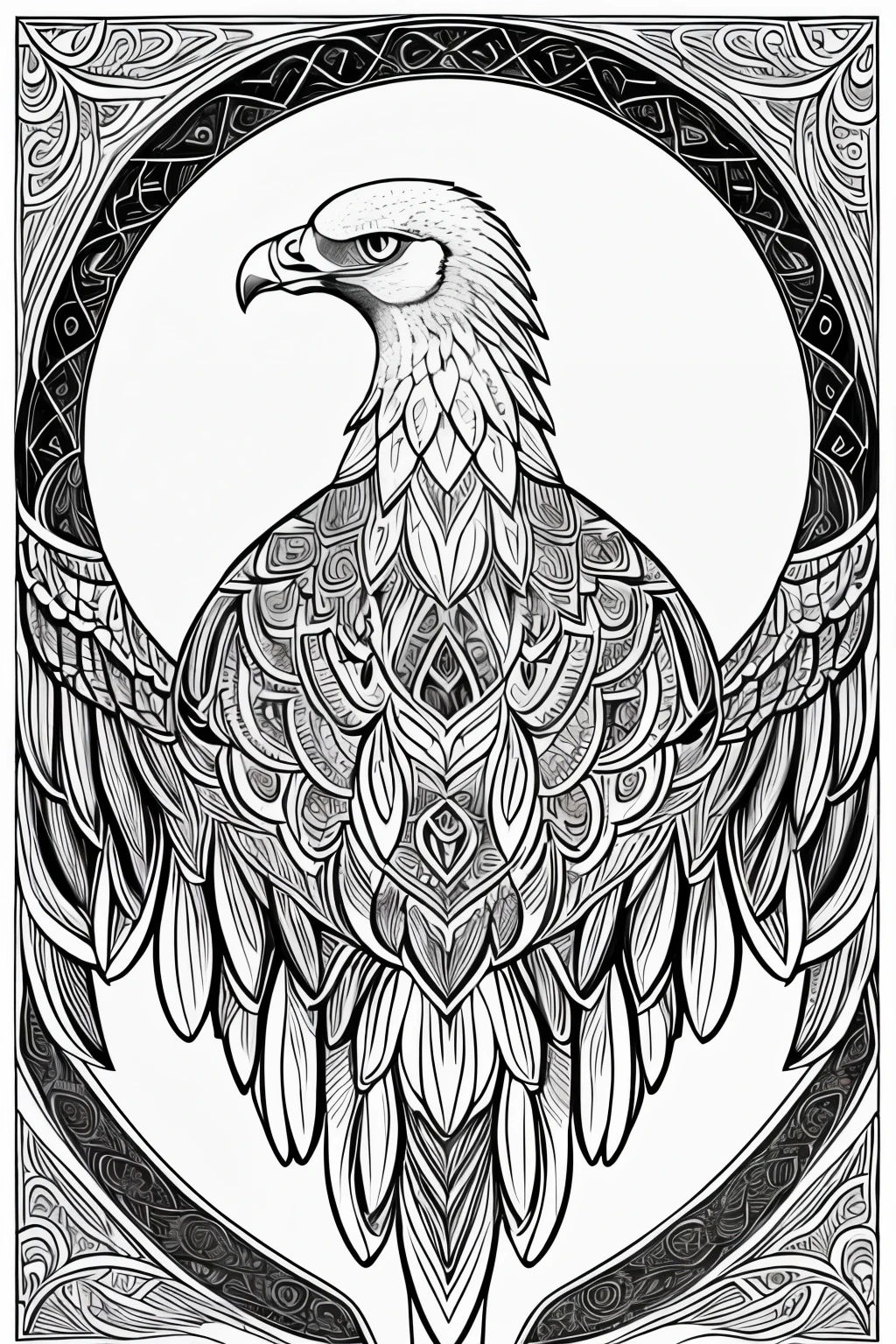 An intricately designed Griffon Vulture coloring page, featuring crisp lines and symmetrical patterns reminiscent of mandalas. The image is set against a pristine white background, creating a bold contrast that highlights the ultra-detailed feather textures and striking expressions of the vulture. The color palette is rich and natural, allowing users to bring the majestic bird to life with their choice of colors. The aspect ratio of the coloring page is 2:3, making it perfect for printing and framing.