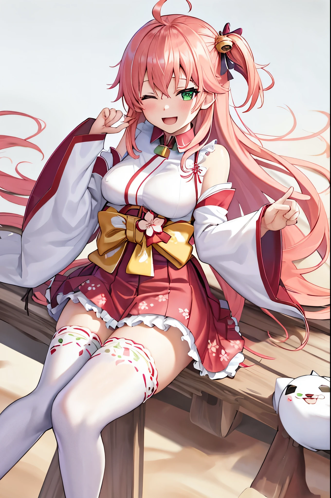 masterpiece, best quality, highres, sakura_miko, 1girl, (:1.3),medium_breasts, kimono, solo, ahoge, x_hair_ornament, pink_hair, floral print, hairclip,(side_less_clothes:1.3), (side_breasts:1.3), hair_bell, floral print, long_hair, hair between eyes, one side up, white_thighhighs, wide sleeves, open_mouth,(happy:1.3),green_eyes,smile,apart_legs,(overly_long_sleeves:1.3),),sleeves_past_wrists,hands_hidden_sleeves,sidelock_clothes,solo,hidden_wrists,(XD:1.5),covered_nipples,sunlight,(bare_flank:1.3),boots,open_mouth,kimono,close_eyes,.