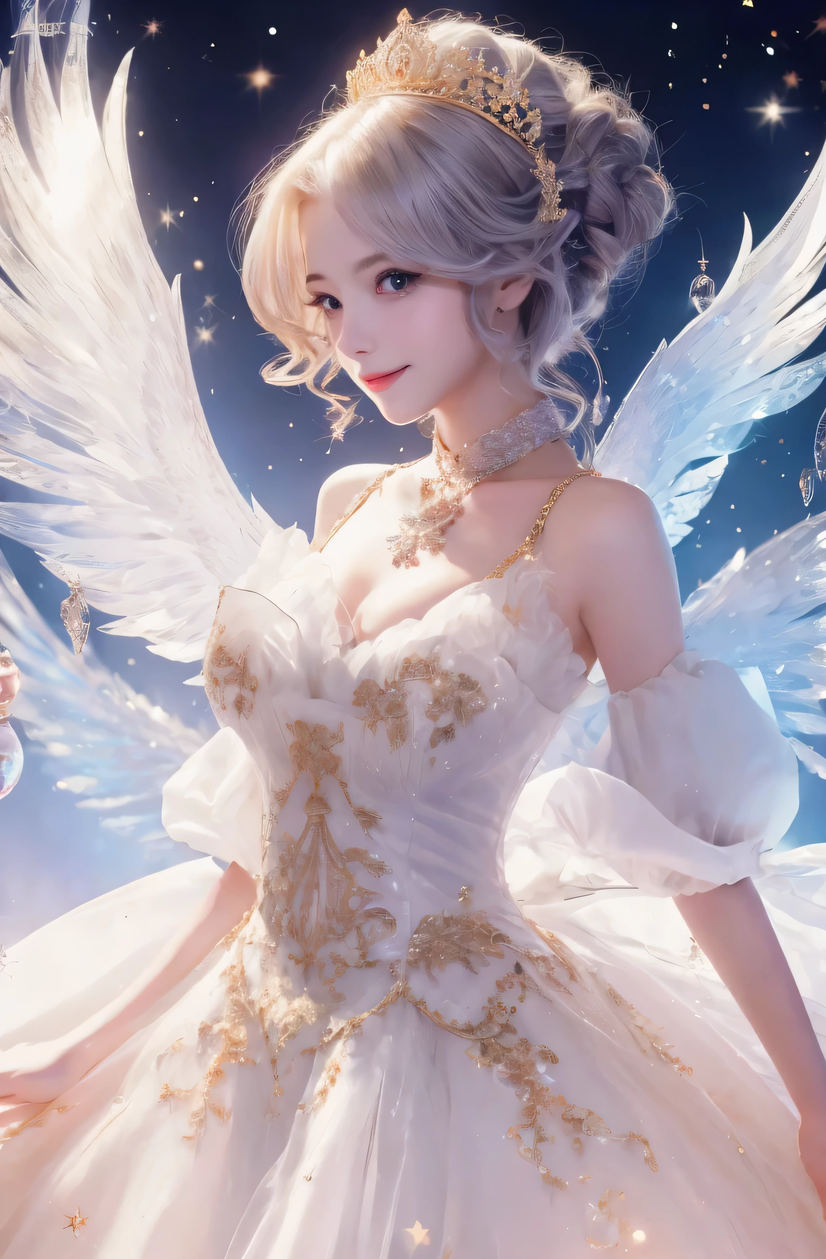 Upper body、face is in front、profile、8K、real photos、ultra high resolution, master parts, highest quality, ticker , cinematic images,nice girl、Ann、16 only、Annグロサクソン、double eyelid、droopy eyes、very big eyes、eyes are purple、dark eye shadow、lips are very thin、The tip of your nose grows beautifully.........................................、the tip of the nose is small,,,,, very detailed , silver hair、straight short hair、smile、 sweet expression 、very beautiful woman、long legs、 very clear shadows , jewelry , sexy 、）, fine eyes, Very difficult, shiny skin , パーフェクトブリリAnnト, perfect sentence, dramatic shadow、white tiara on head、gold necklace around neck、White aristocratic dress with gold embroidery、