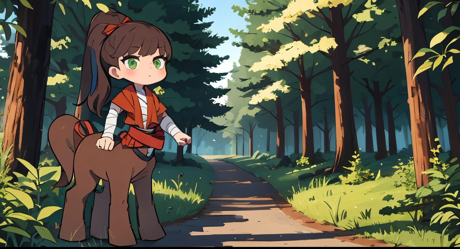young woman, centaur, green eyes, Brown hair, tucked into a high ponytail tied with a red ribbon, Orange bathrobe, with red stripes, red belt at the waist, bandages on the hands, Background Forest