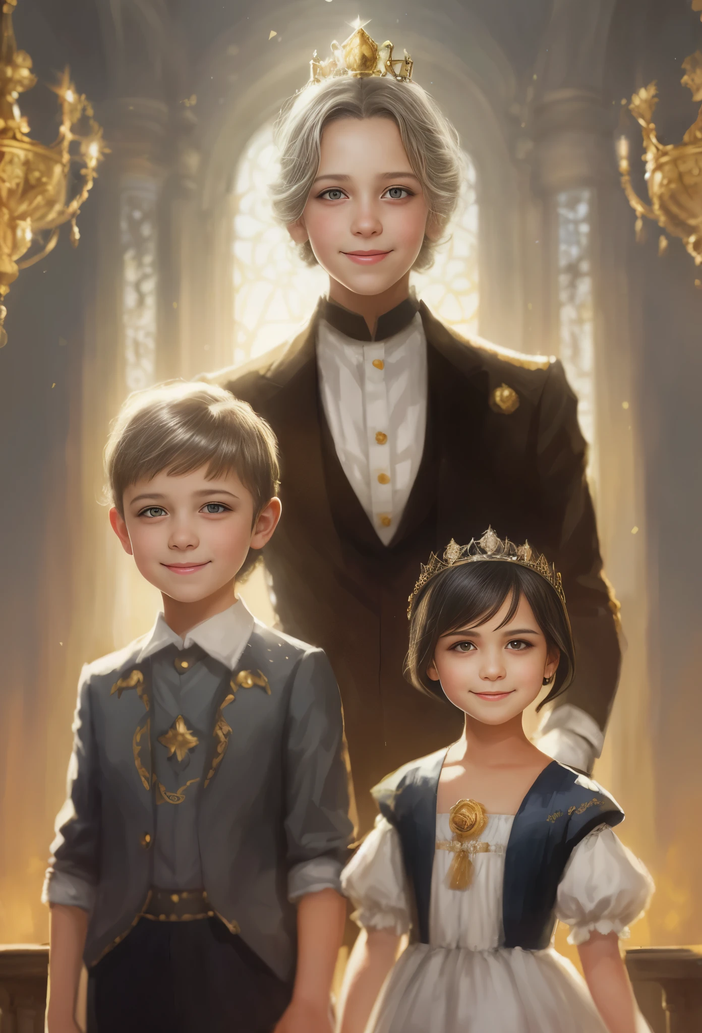 High resolution, portrait, boy and girl with dark hair, 8 years old, light gray hair, short haircut, yellow eyes, smile, crown, portrait, ballroom in the background, realism, fantasy