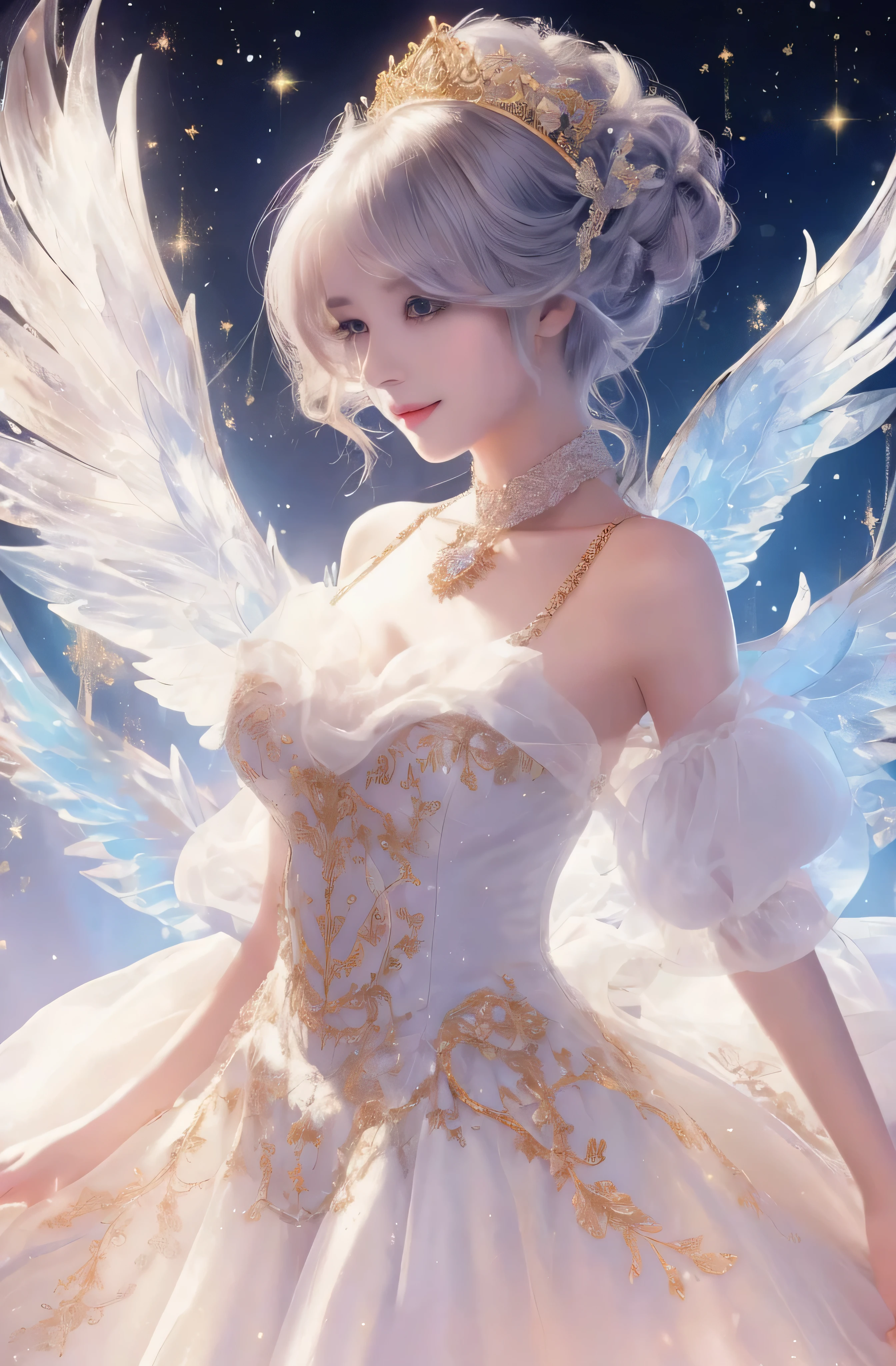 castle in the distance、face is in front、look at the camera、profile、8K、real photos、ultra high resolution, master parts, highest quality, ticker , cinematic images,nice girl、Ann、16 only、Annグロサクソン、double eyelid、droopy eyes、very big eyes、eyes are purple、dark eye shadow、lips are very thin、The tip of your nose grows beautifully....................、small nose,,,,, very detailed , silver hair、straight short hair、smile、 sweet expression 、very beautiful woman、long legs、 )、very clear shadows , jewelry , fine eyes, Very difficult, shiny skin , パーフェクトブリリAnnト, perfect sentence, dramatic shadow、white tiara on head、gold necklace around neck、White aristocratic dress with gold embroidery、glass high heels、White Wings of an Angel