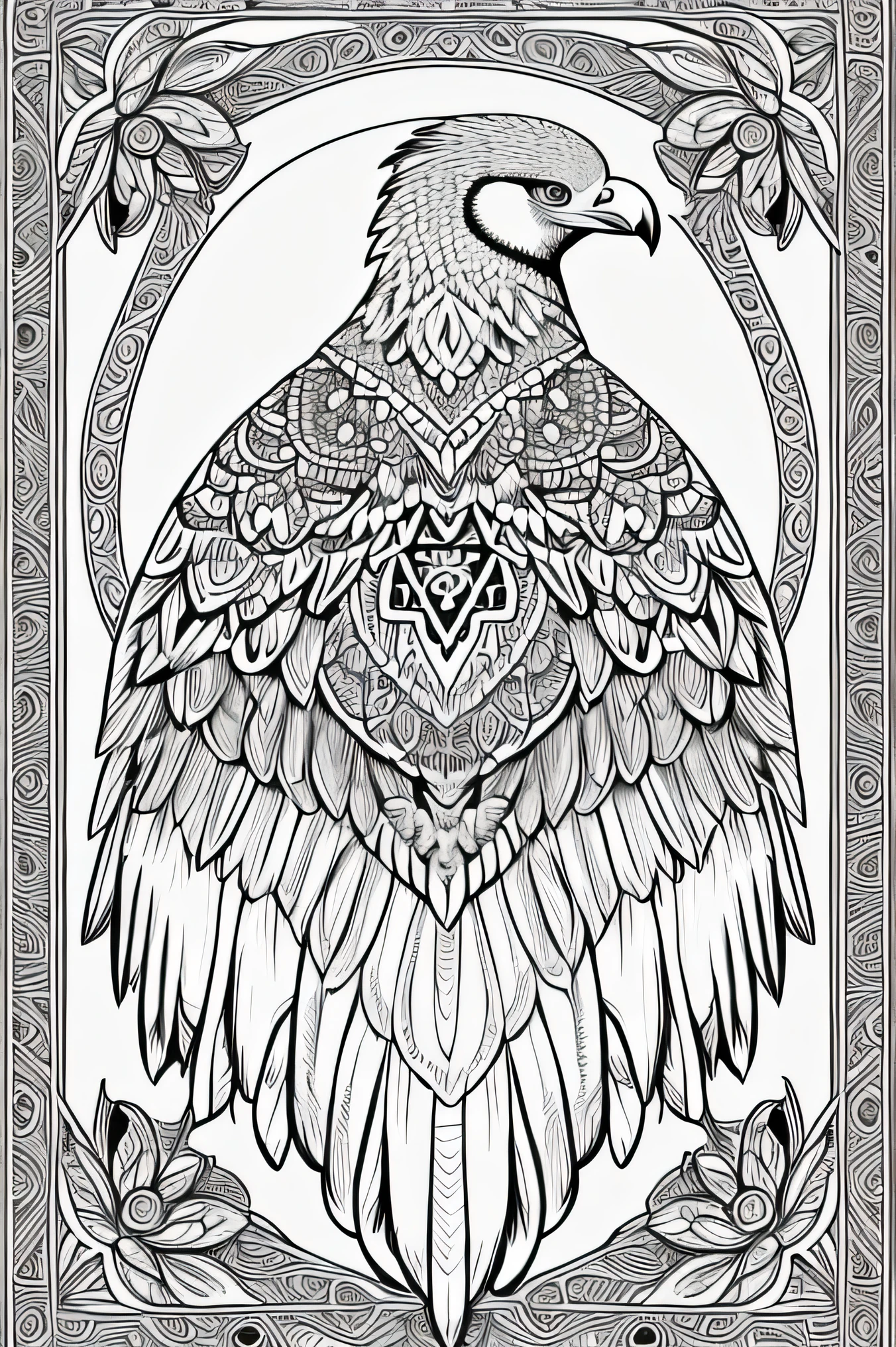 An intricately designed Griffon Vulture coloring page, featuring crisp lines and symmetrical patterns reminiscent of mandalas. The image is set against a pristine white background, creating a bold contrast that highlights the ultra-detailed feather textures and striking expressions of the vulture. The color palette is rich and natural, allowing users to bring the majestic bird to life with their choice of colors. The aspect ratio of the coloring page is 2:3, making it perfect for printing and framing.