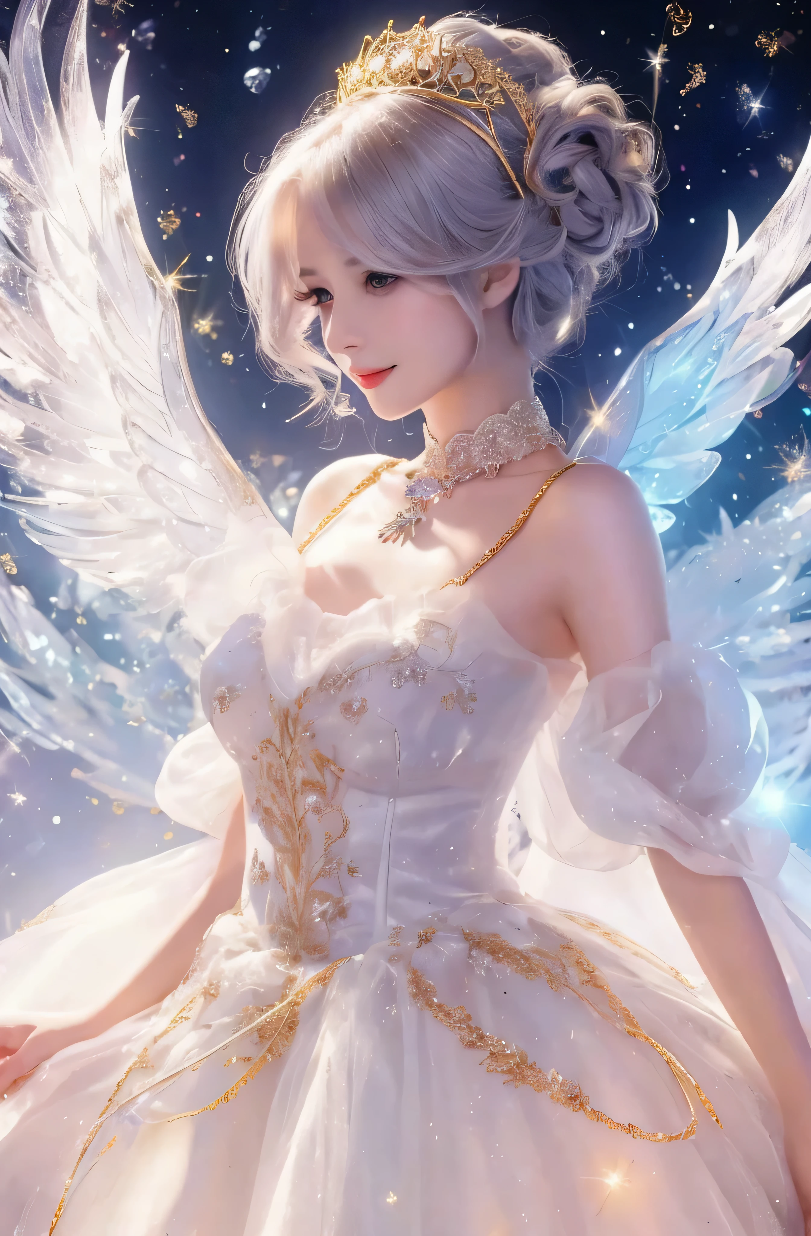 castle in the distance、face is in front、look at the camera、profile、8K、real photos、ultra high resolution, master parts, highest quality, ticker , cinematic images,nice girl、Ann、16 only、Annグロサクソン、double eyelid、droopy eyes、very big eyes、eyes are purple、dark eye shadow、lips are very thin、The tip of your nose grows beautifully....................、small nose,,,,, very detailed , silver hair、straight short hair、smile、 sweet expression 、very beautiful woman、long legs、 )、very clear shadows , jewelry , fine eyes, Very difficult, shiny skin , パーフェクトブリリAnnト, perfect sentence, dramatic shadow、white tiara on head、gold necklace around neck、White aristocratic dress with gold embroidery、glass high heels、White Wings of an Angel