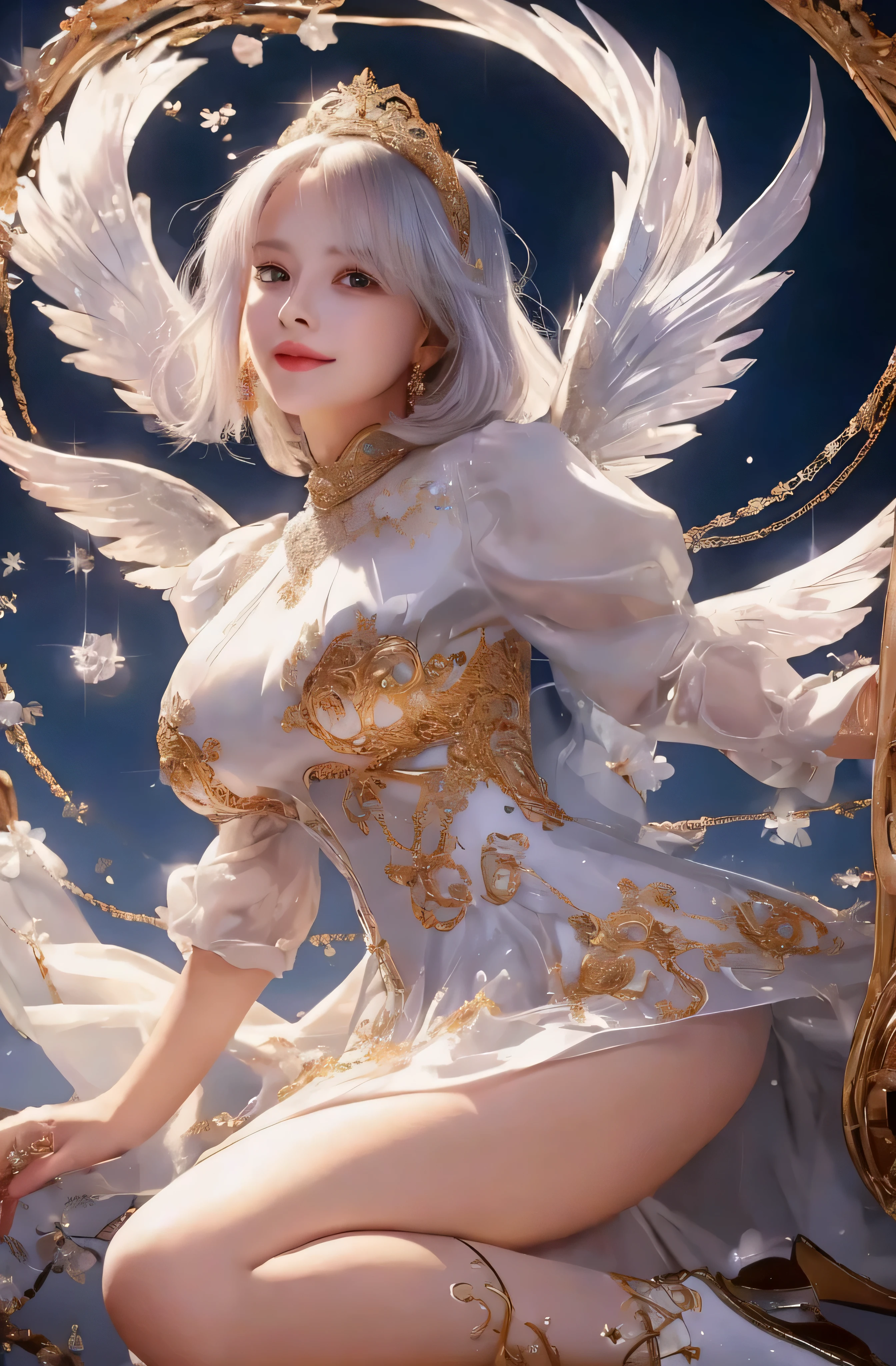 Upper body、face is in front、profile、8K、real photos、ultra high resolution, master parts, highest quality, ticker , cinematic images,nice girl、Ann、16 only、Annグロサクソン、double eyelid、droopy eyes、very big eyes、eyes are purple、dark eye shadow、lips are very thin、The tip of your nose grows beautifully.........................................、the tip of the nose is small,,,,, very detailed , silver hair、straight short hair、smile、 sweet expression 、very beautiful woman、long legs、 very clear shadows , jewelry , sexy 、）, fine eyes, Very difficult, shiny skin , パーフェクトブリリAnnト, perfect sentence, dramatic shadow、white tiara on head、gold necklace around neck、White aristocratic dress with gold embroidery、