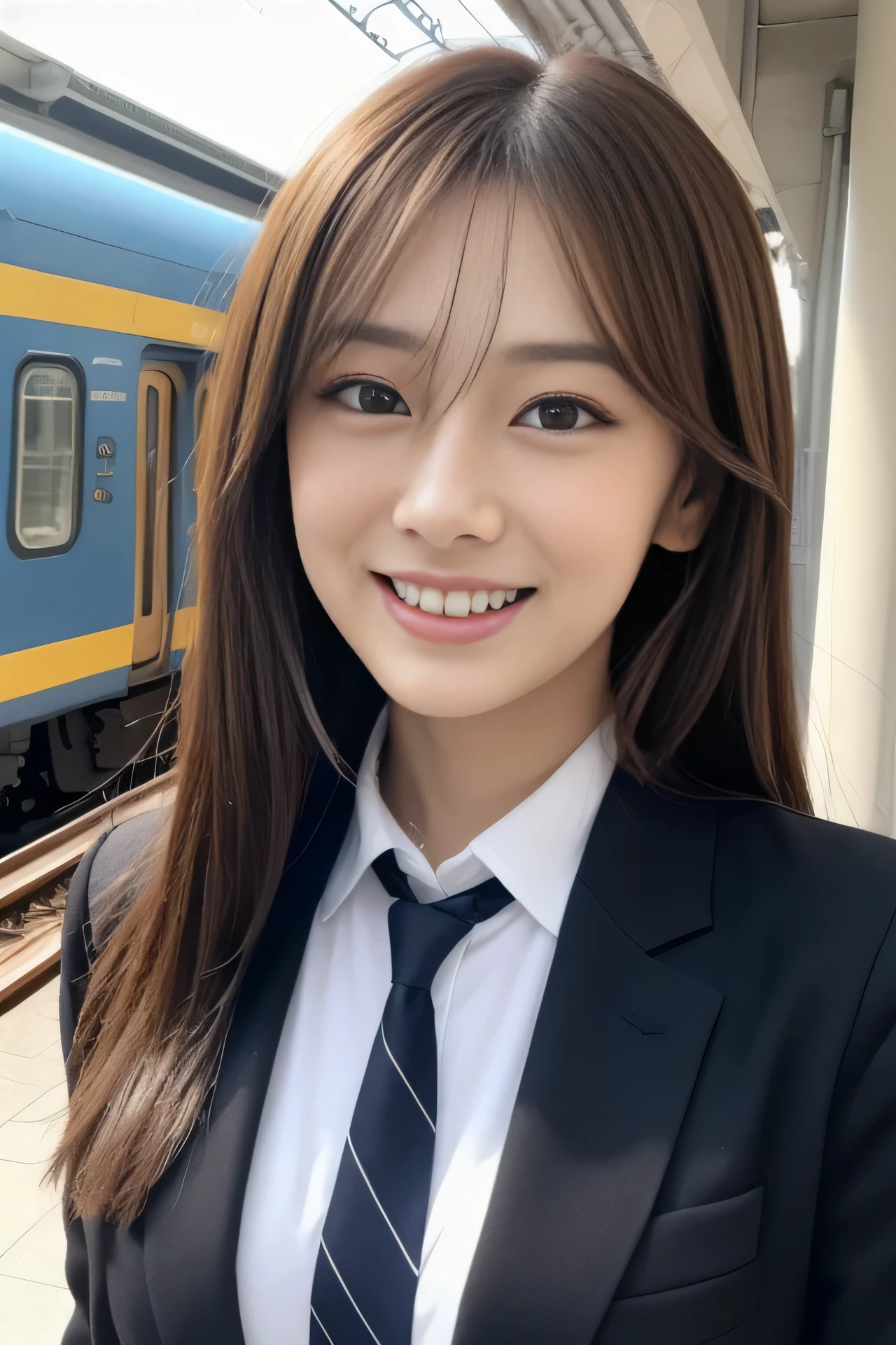 High resolution, RAW photo, realistic, very delicate and beautiful, very detailed, finely, very detailed CG unity 8K wallpaper, super detailed, (highest quality, 8K, 32K, masterpiece, UHD:1.2), Photo of Pretty Japanese model, JK uniform, Blue plaid pleated skirt, tie, Brown cardigan, beautiful and detailed face, Beautiful clear long eyes, delicate figure, expensive, skinny, medium straight hair, innocent smile, upper teeth, outdoor, Walk along the station platform, surreal, real anime girl,