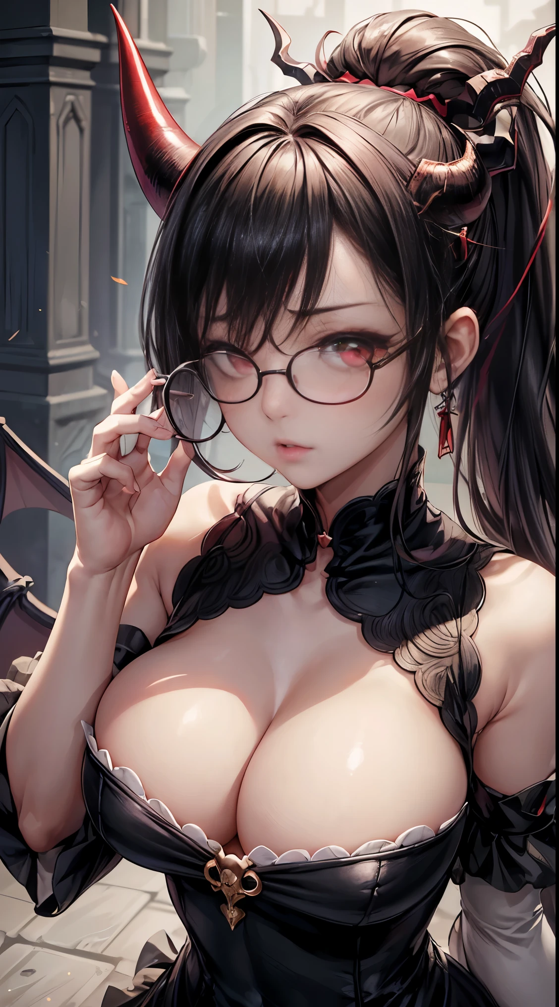 Are you okayですか、(best illustrations)、8k UHD resolution、intricate details、highest quality、realistic、Super detailed、best lighting、best shadows、soft lighting、Ultra HD、超realistic、Tyndall effect、Photoreal、(high detail skin:1.2)、 (intricate details, compensate, face to face with the children_v1:0.5), (Fine, beautiful and delicate face, Are you okay, beautiful and delicate eyes, perfectly proportioned face, high resolution skin, fine skin, Optimal ratio of 4 fingers and 1 thumb, arm under chest, red tattoo on lower abdomen、wow wow, wide hips, smooth abdomen, thin and thin skin, __fashion__, __hair__:1.25)、Digital single-lens reflex camera、 不条理なrealistic作品: 1.3), (maximum resolution: 1.2), (Ultra HDTV: 1.2), cinematic light, fine eyes and skin, detailed facial features, , (sharp focus: 1.2), (focus on face:1.2),perfect style, beautiful face, acura, anatomically correct, Highly detailed face and skin texture, fine eyes, double eyelid, thin eyebrows, glitter eyeliner: 1 natural cheeks, Glossy skin, Fair skin: 1.2, (glossy lips: 1.4),(embarrassed look: 1.2),Highly detailed face and skin texture, fine eyes, double eyelid, natural cheeks, glossy lips: 1.4,exposed cleavage、Bewitching。baby face、attractive、Chest emphasis、((((otaku glasses, thick glasses, round glasses)))), The long-haired、Braid、Ponytail distortion、, Ponytail with a bow tied at the back of the hair,has a huge magic sword、wear a dress made of skeletons、huge solemn expression、body up、Big breasts emphasis, super tight chest, Breast augmentation surgery, The chest is very large and round,tight waist、 meet beautiful girls, looking at girl'body of, in the dark、(detailed spooky background:0.8)、((((red eyes)))), (((devil'horn)))、(devil'tail of)、wear a dress made of black leather、disaster々Shishi Armor、Long grey hair,Beautiful and delicate skull decoration and fluorescent green magic sword that shines red,disaster々new magic sword、There was a woman wearing a dress and holding a sword and helmet..............., witch, , かわいいwitch, 美しい闇のwitch,girl dressed as a black magician,黒い衣装を着たwitch, striking black phoenix dress,