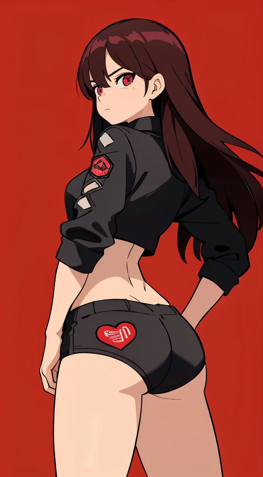 (masterpiece, best quality:1.6), solo, thick outline, (simple background, dark red background, monochrome, dark red theme:1.2), official art, key visual, 8k, absurdres, full body, (unique hair, punks jacket, hotpants, arch back, short torso:1.2), navel, thighs, cowboy shot, HDR, sharp focus, highres, highest detailed, extreme detailed, ultra detailed, finely detail, detailed eyes and face, sharp pupils, realistic pupils