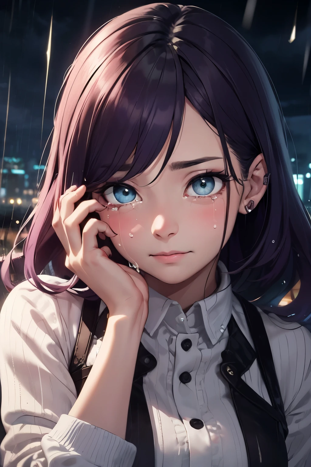 A beautiful woman crying, very sad, with violet hair, beautiful eyes, suffering rainy scenery, a lot of rain