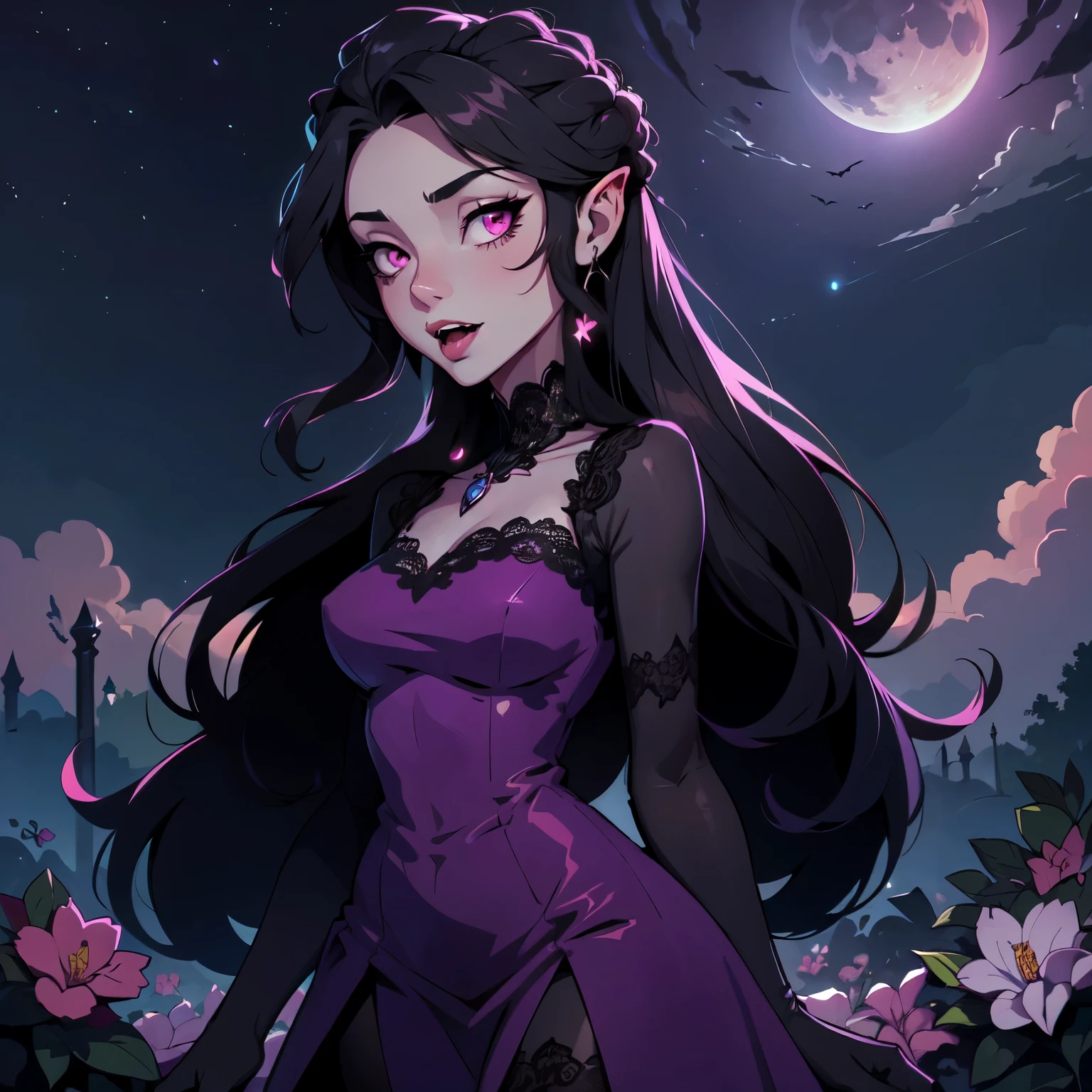 draculaura, 1girl, solo, spooky lighting, luscious dark hair, vampire fangs, elegant dress, lace details, night sky background, moonlit garden, black and pink color palette,