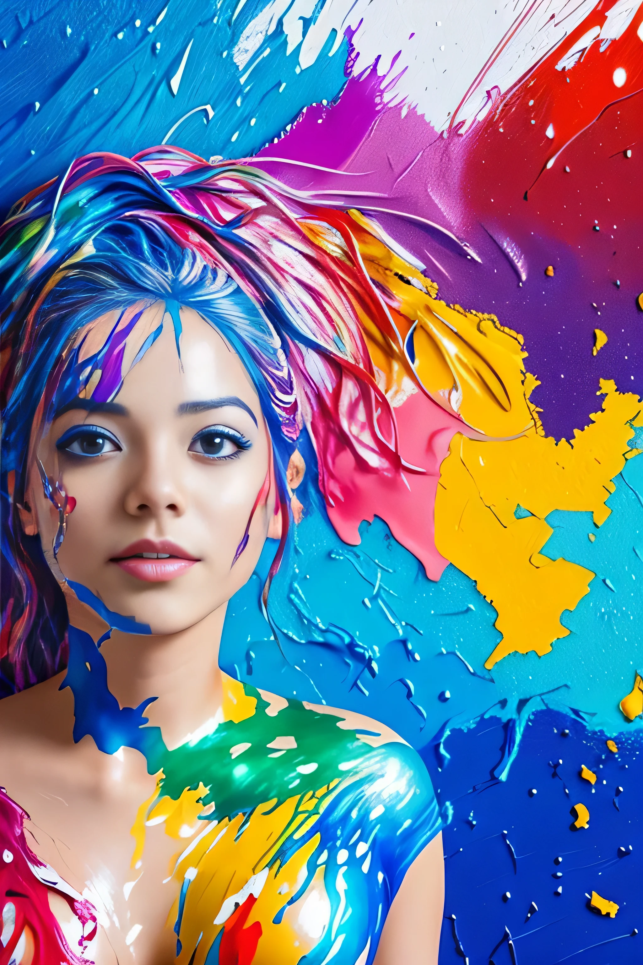 (RAW image quality:1.4), (level difference:1.8),(Paint collides and splatters on the canvas),(written boundary depth),1 girl, 14 years old, Japanese, ((Large amount of colorful liquid enamel paint:1.4)), (exposed to explosive amounts of paint:1.4), (Paint splatters:1.3), (hide something big with both hands:1.4), liquid state,amazingly beautiful, masterpiece, detailed background,Super high quality model, amazing background,abstract beauty, (((A large amount of paint flows down, cover most of the body.:1.4))), (((A large amount of paint so that the shape of the chest is no longer visible:1.4))), ((colorful full body paint:1.4)), explosive volumetric, Oil,Heavy Stroke,romantic lighting,Scattered beneath the surface,lens 135mm,f1.8,shine,8K,High resolution, dream-like,ray tracing,HDR,god'light,