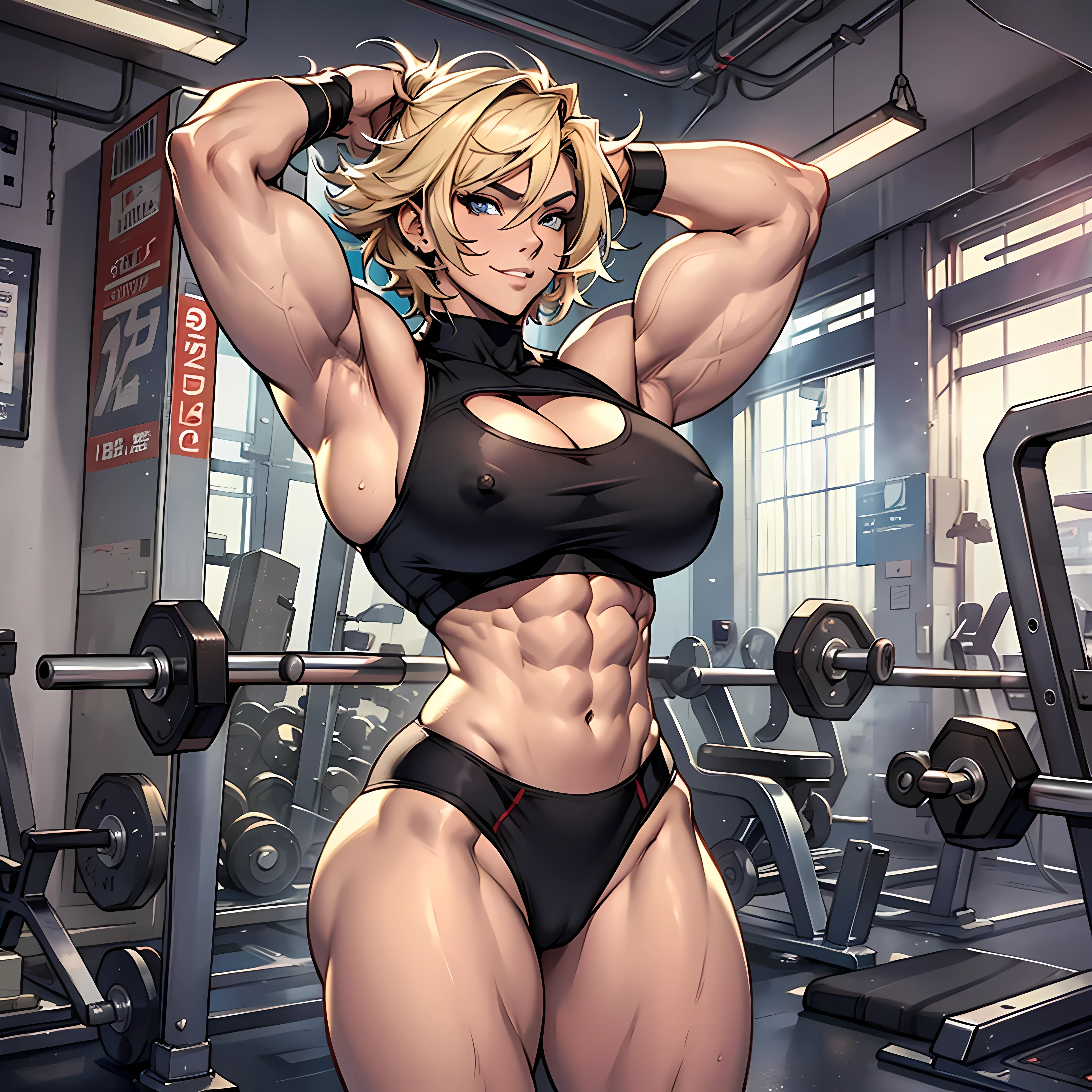 Woman standing in the gym, ((NSFW)), blonde with short hair, wearing stretched gym top with great cleavage, raises her arms to show biceps, ((NSFW)), (((accurate anatomy))), (((Huge breasts))), ((long legs)), ((wide hips)), ((((Muscular Legs)))), (((Massive Female Bodybuilder))), (((((Huge Muscles))))), thin waist, muscular thighs, strong legs, muscular!!, strong arms, female and muscular, muscular legs, muscles, very beautiful face, legs and arms, muscular!muscular shoulder,  beautiful face, provocative smile, muscular body, big muscles, strong and muscular, strong pose, strong body, muscular!! sci-fi, fit girl, realistic anime style, UHD, anatomically correct, high quality  