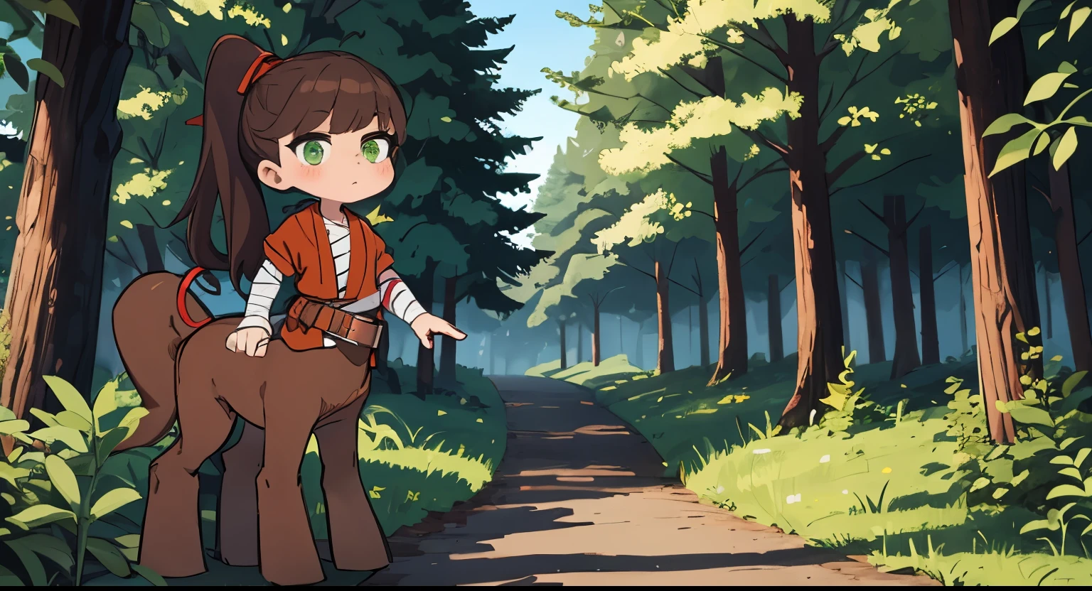 young woman, centaur, green eyes, Brown hair, tucked into a high ponytail tied with a red ribbon, Orange bathrobe, with red stripes, red belt at the waist, bandages on the hands, Background Forest