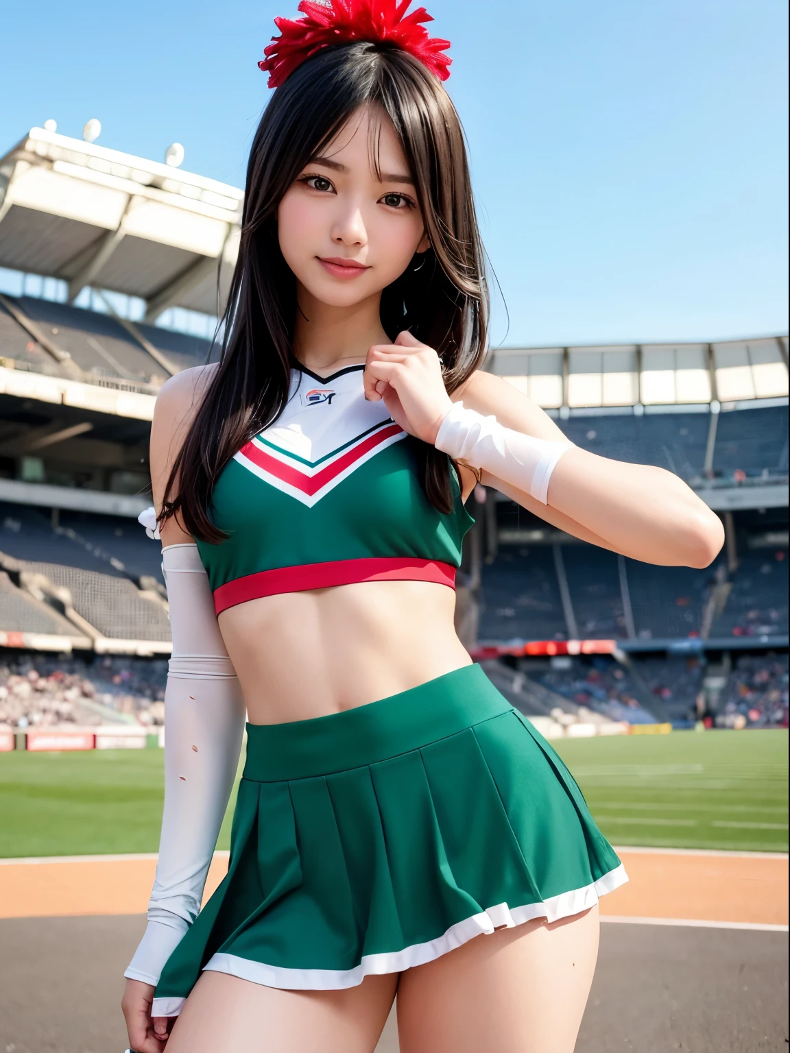 Ara fed asian cheerleader with pompoms at stadium, skirt、close, close, cosplay foto, anime cosplay, small breasts, RAW photo, highest quality, High resolution, (masterpiece), (realistic:1.4), professional photography, sharp focus, HDR, 8K resolution, intricate details, Depth of bounds written, Highly detailed CG Unity 8K wallpaper, front light, NSFW, woman, girl, beautiful supermodel, smile, thin, (sweat all over:1.3), 2 Person