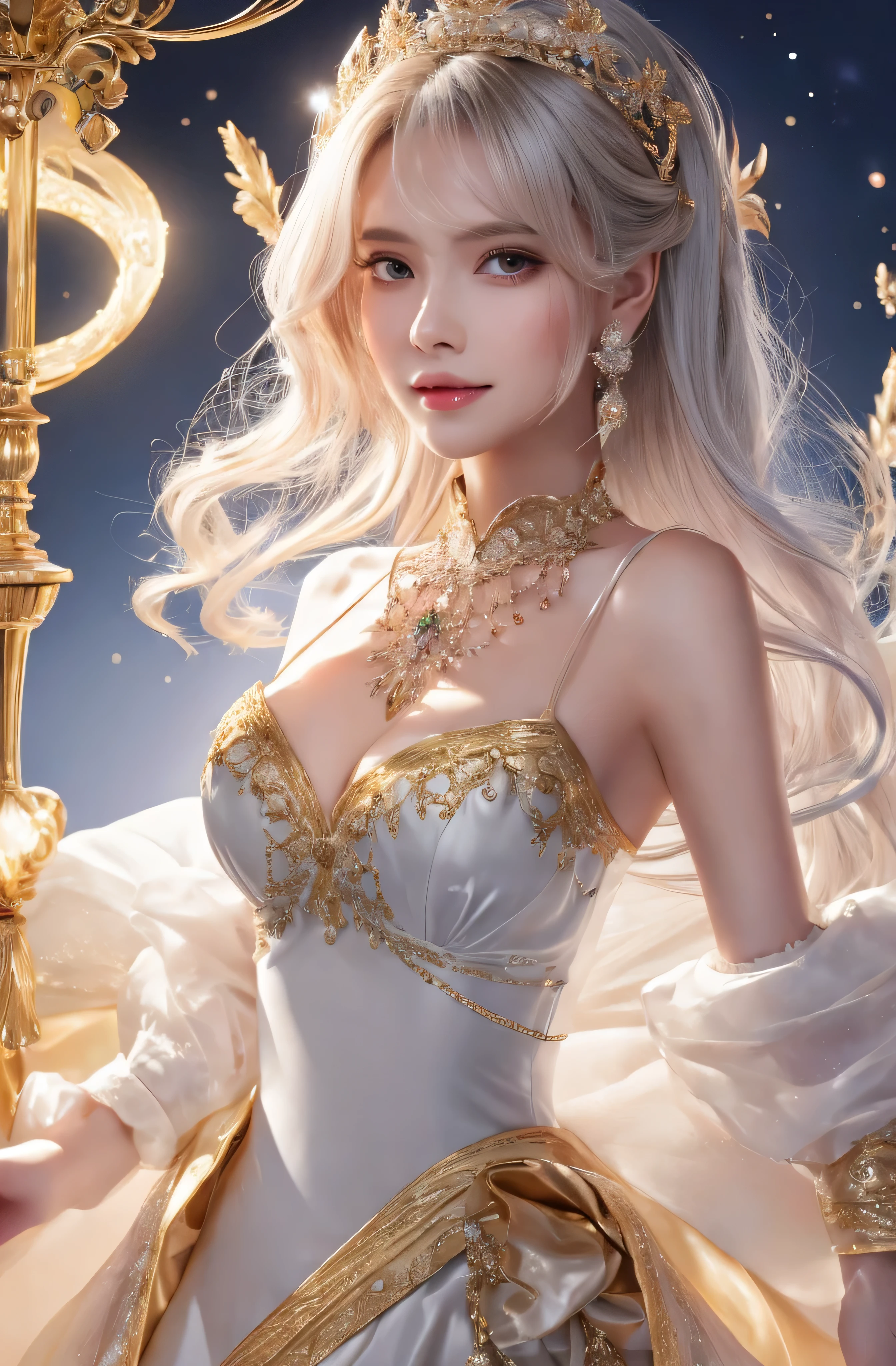 castle in the distance、face is in front、look at the camera、profile、8K、real photos、ultra high resolution, master parts, highest quality, ticker , cinematic images,nice girl、Ann、16 only、Annグロサクソン、double eyelid、droopy eyes、very big eyes、eyes are purple、dark eye shadow、lips are very thin、The tip of your nose grows beautifully.................、small nose,,,,, very detailed , silver hair、straight short hair、smile、 sweet expression 、very beautiful woman、long legs、)、very clear shadows , jewelry , fine eyes, Very difficult, shiny skin , パーフェクトブリリAnnト, perfect sentence, dramatic shadow、white tiara on head、gold necklace around neck、White aristocratic dress with gold embroidery、glass high heels、White Wings of an Angel