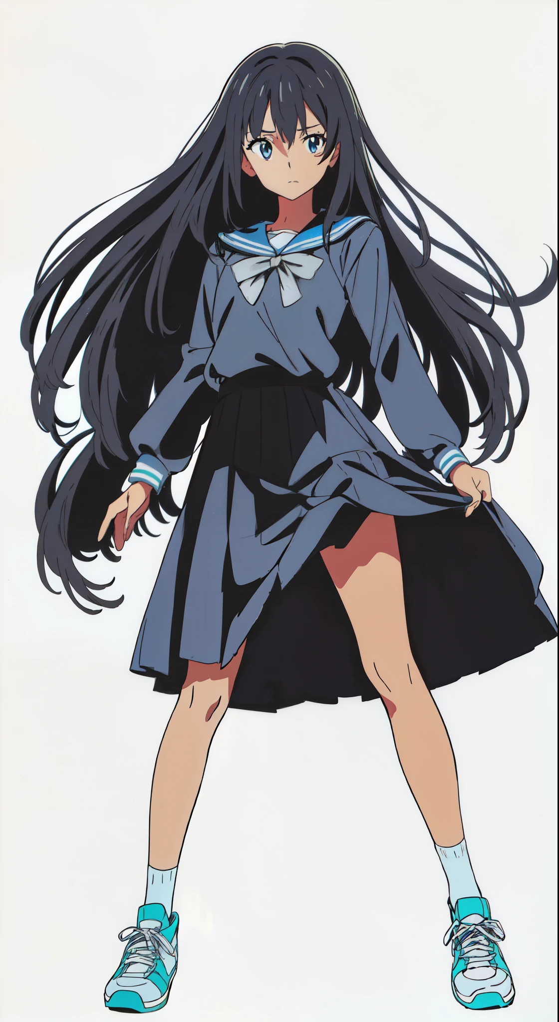 (best quality:1.0), (masterpiece:1.0), (super fine illustration:1.0), (beautiful artwork:1.0), (white background:1.0), (best quality:1.0), (masterpiece:1.0), (super fine illustration:1.0), (beautiful artwork:1.0), (anime screencap:1.0), (official art:1.0), (full body:1.0), (solo:1.0), (JHSGA:1.0), (a cute girl:1.0), (long skirt:1.0), (dark blue skirt:1.0), (pleated skirt:1.0), (dark blue sailor uniform:1.0), (long sleeve sailor uniform:1.0), (sneakers:1.0), (white socks:1.0), (ideal ratio body proportions:1.0), (lanky:1.0), (tall:1.0), (slender:1.0), (small breasts:1.0), (smaller face:1.0), (tareme:1.0), (detailed beautiful eyes:1.0), (detailed beautiful face:1.0), (glowing black eyes:1.0), (medium hair:1.0), (black hair:1.0), (dynamic pose:1.5)