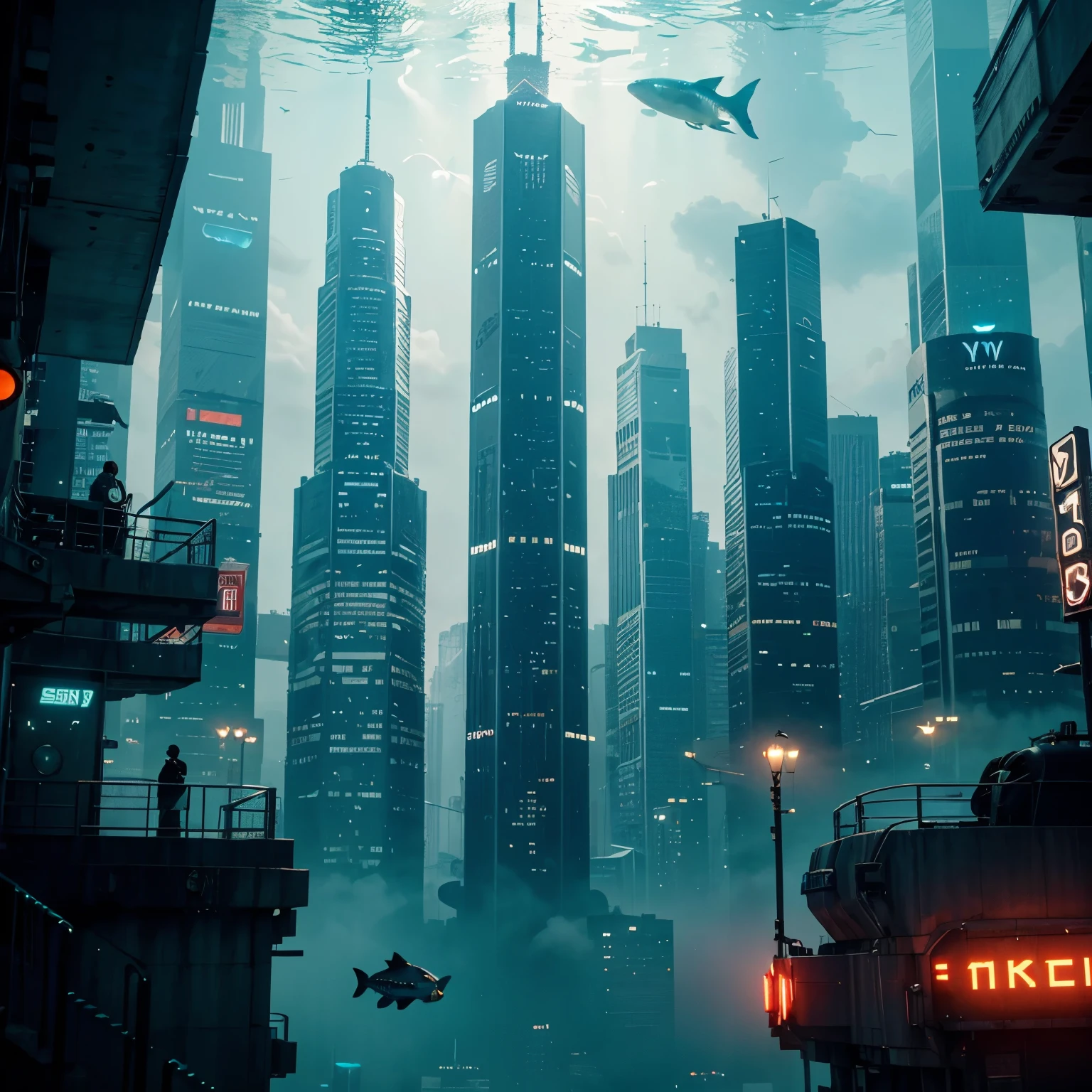Create an underwater Ney York Cyberpunk style city. City is underwater with futuristic water vehicles. City has several buildings and skyscrapers. Add swimming fish and jellyfish and sharks around the city. Style is photo realistic