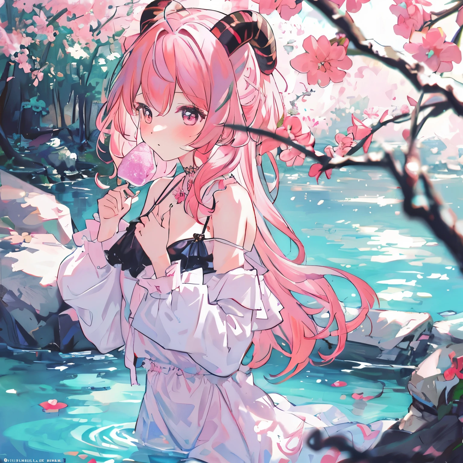 (masterpiece, best quality), 1 girl, hot spring, blush, pink hair, horns, solo, off shoulder, wrist scrunchie, pussy outline, perfect anatomy, Anatomically correct , beautiful hands, intricate hands, artist study hands