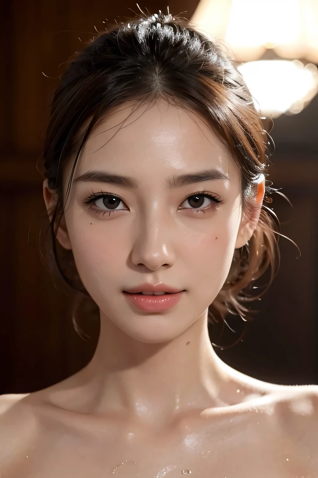 (Enhances the beauty of skin texture:1.1), highest quality、masterpiece, ultra high resolution、(Photoreal:1.4)、RAW photo、1 girl、shiny skin, wet body, dramatic lighting, RAW photo, table top:1.3, Super high resolution:1.0, sharp focus:1.2, beautiful woman with perfect figure:1.4, thin abs:1.2, wet body:1.5, Highly detailed face and skin texture, fine eyes, double eyelid, perfect facial balance, Clean system, smile, Soft light in a beautiful studio, rim light, vivid details, surreal, fine and beautiful skin, realistic skin, rubber suit, beautiful face, Beautiful woman, high solution face, Soft texture, nude, close up of face, glorious skin, face of glory, crazy high resolution, oily skin, oily face