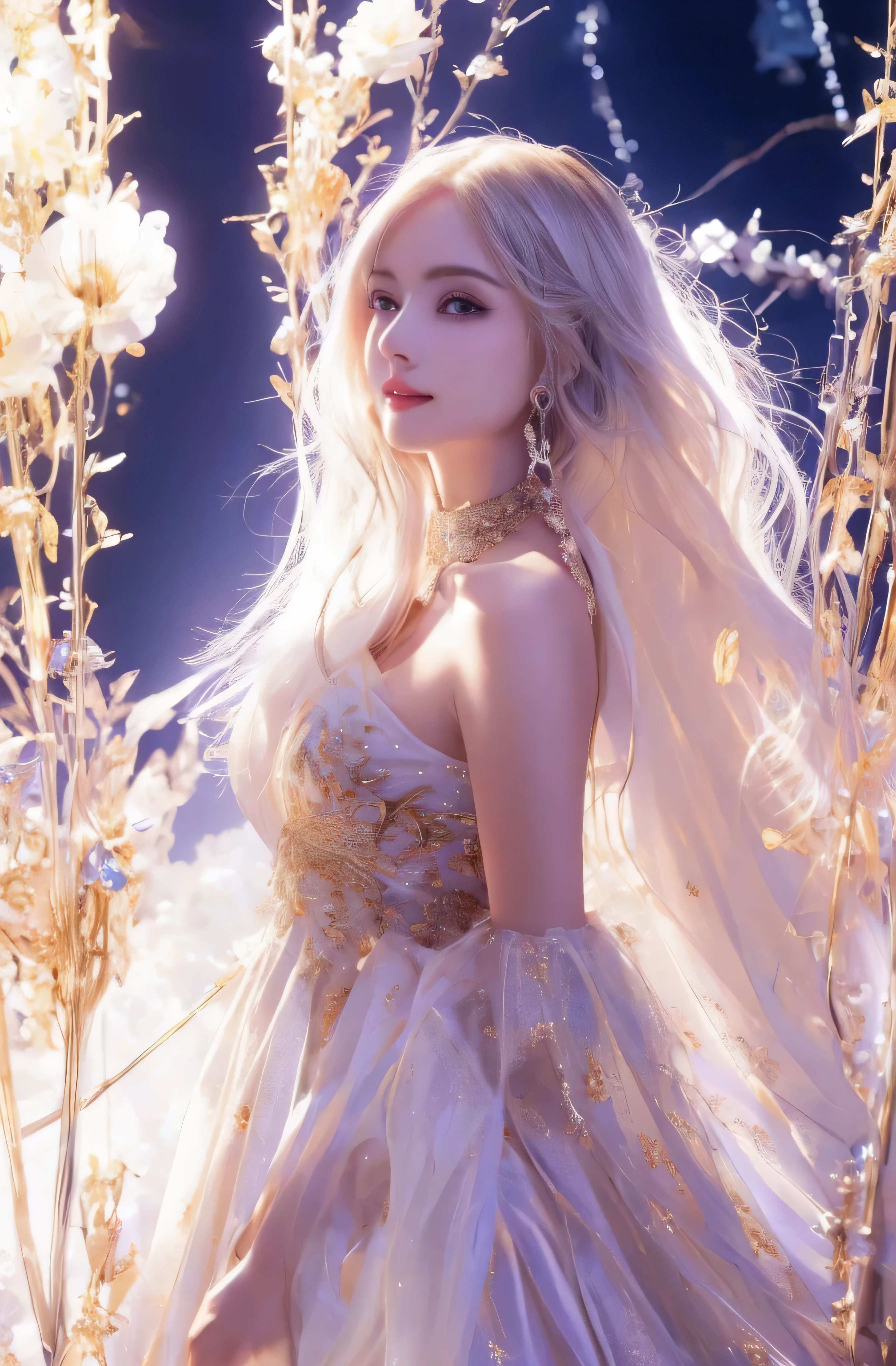 Upper body、face is in front、profile、8K、real photos、ultra high resolution, master parts, highest quality, ticker , cinematic images,nice girl、Ann、16 only、Annグロサクソン、double eyelid、droopy eyes、very big eyes、eyes are purple、dark eye shadow、lips are very thin、The tip of your nose grows beautifully.........................................、the tip of the nose is small,,,,, very detailed , silver hair、straight short hair、smile、 sweet expression 、very beautiful woman、long legs、 very clear shadows , jewelry , sexy 、）, fine eyes, Very difficult, shiny skin , パーフェクトブリリAnnト, perfect sentence, dramatic shadow、white tiara on head、gold necklace around neck、White aristocratic dress with gold embroidery、