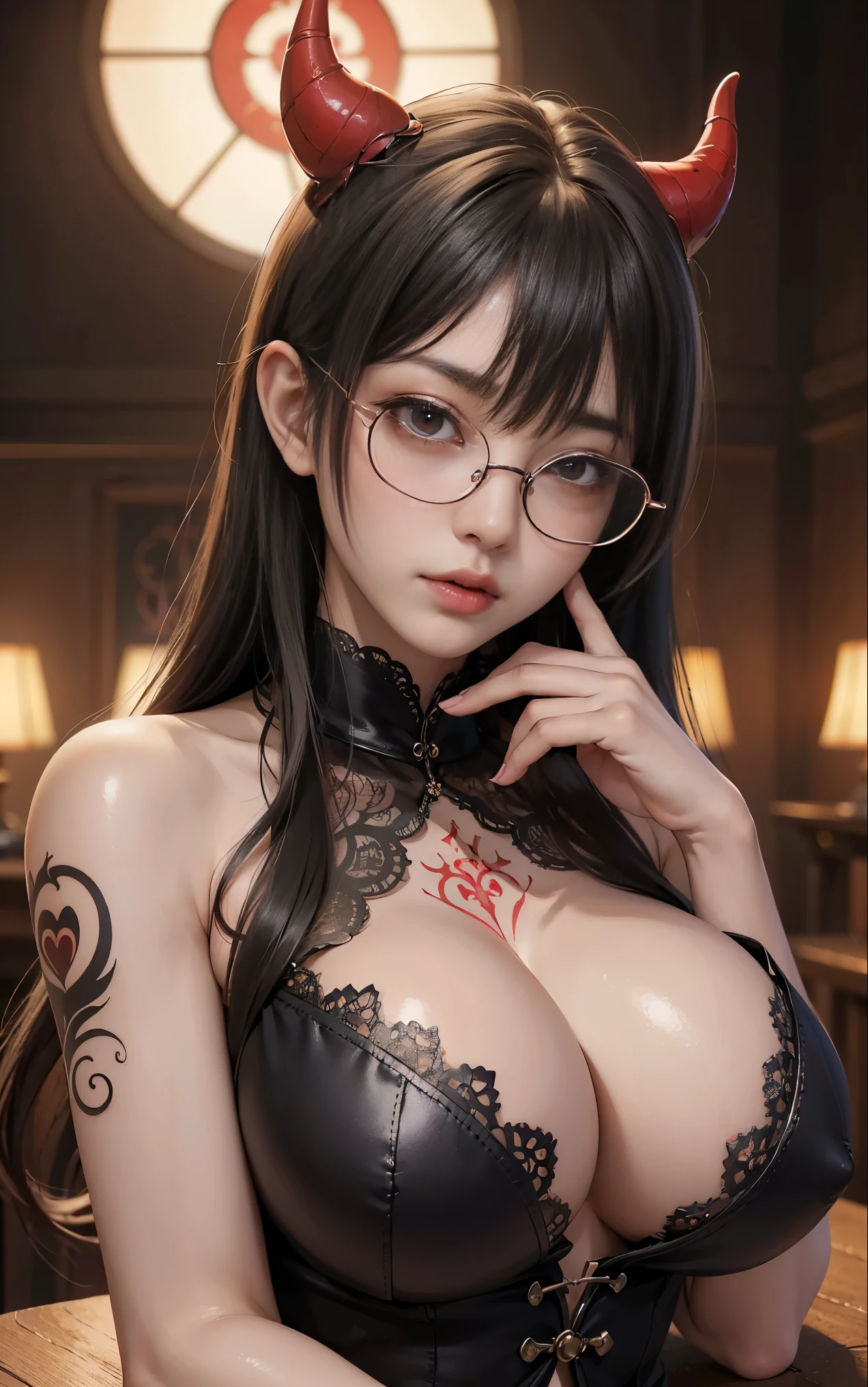 OKですかですか、(best illustrations)、8k UHD resolution、intricate details、highest quality、realistic、Super detailed、best lighting、best shadows、soft lighting、Ultra HD、超realistic、Tyndall effect、Photoreal、(high detail skin:1.2)、 (intricate details, compensate, face to face with the children_v1:0.5), (OK, beautiful and delicate face, OKですか, beautiful and delicate eyes, perfectly proportioned face, high resolution skins, fine skin, Optimal ratio of 4 fingers and 1 thumb, arm under chest, red tattoo on lower abdomen、wow wow, wide hips, smooth abdomen, thin and thin skin, __fashion__, __hair__:1.25)、Digital single-lens reflex camera、 absurd、(table top: 1.3), (maximum resolution: 1.2), (Ultra HDTV: 1.2), cinematic light, fine eyes and skin, detailed facial features, , (sharp focus: 1.2), (focus on face:1.2),perfect style, beautiful face, acura, anatomically correct, Highly detailed face and skin texture, fine eyes, double eyelid, thin eyebrows, glitter eyeliner: 1 natural cheeks, Glossy skin, Fair skin: 1.2, (glossy lips: 1.4),(embarrassed look: 1.2),Highly detailed face and skin texture, fine eyes, double eyelid, natural cheeks, glossy lips: 1.4,exposed cleavage、Bewitching。charm、 Beautiful devil woman from hell, Surreal female portraits by David Hockney and Alphonse Mucha, charm女性の肖像画、fantasy art, chinese doll、Chinese actress、dungeon、dragon、devil'Palace of、devil'torture chamber、night、dark style 、in the dark、(detailed spooky background:0.8), magic、 1 girl、evil nun、dark necromancer、Succubus、devil'Daughter of、Shinonome Umi、bat wings,(((devil'Horn)))、 ((((giant glasses, otaku glasses, thick glasses, round glasses)))),(((big breasts)))、(devil'Tail)、(red eyesは光り輝いて:1.6)、red eyesは非常に鮮明で詳細です, your eyes are made up so beautifully, ((red eyes:1.0)),intricate tattoo, demonic intricate tattoo, Tattoo on the thigh, body tattoo, masterpiece、最もbeautiful face、baby face、cute smile、beautiful plump red lips、筋肉のcharm体、devilのcharm体、devil style、charmブラックマジックコスチューム、The long-haired、Braid、Black hair、Ponytail distortion、, Ponytail with a bow tied at the back of the hair, beautiful expression、body up、big breasts強調、bust, super tight chest, Breast augmentation surgery, The chest is very large and round,tight waist、wide ass、 secret key, cowboy lens, (Black Phoenix Dress: 1.0), devil crown, red sparkling gemstone necklace、Jewelry G Wise, Please wear black mesh socks,Wear light red、nffsw, nffsw, meet beautiful girls, looking at girl'body of,