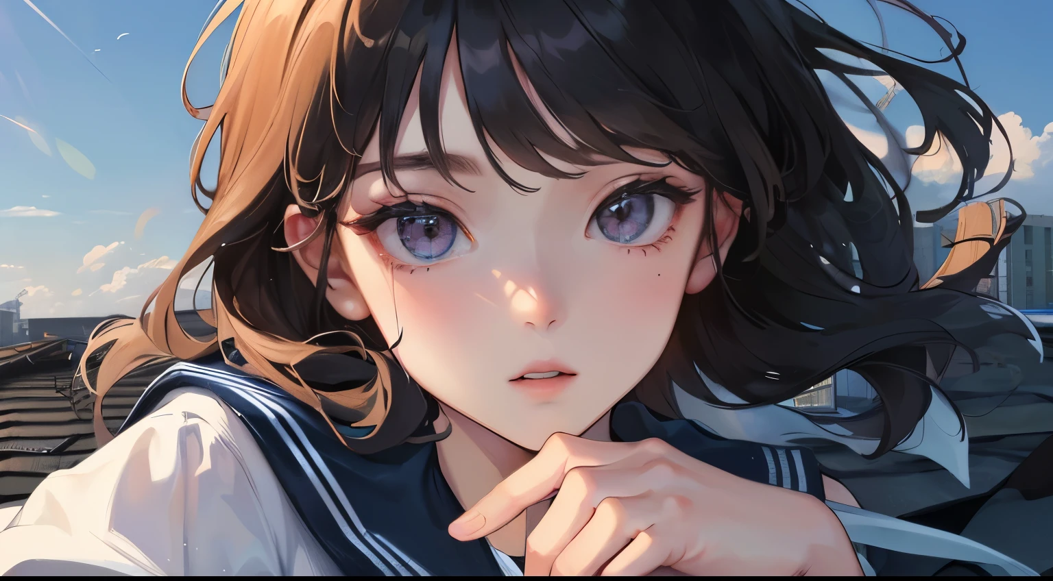 (((1 woman)))、(highest resolution、clear_image)、(((Extend your right arm forward))), (((sailor suit)))、best quality、((medium long hair)),、contrast of light and shadow、(((school rooftop))))、((illumination))、very detailed、Semi-realistic、black hair、、Expressionless、bangs、20-year-old、office　Lady,,young、((View from the front))、delicate facial features facial features、