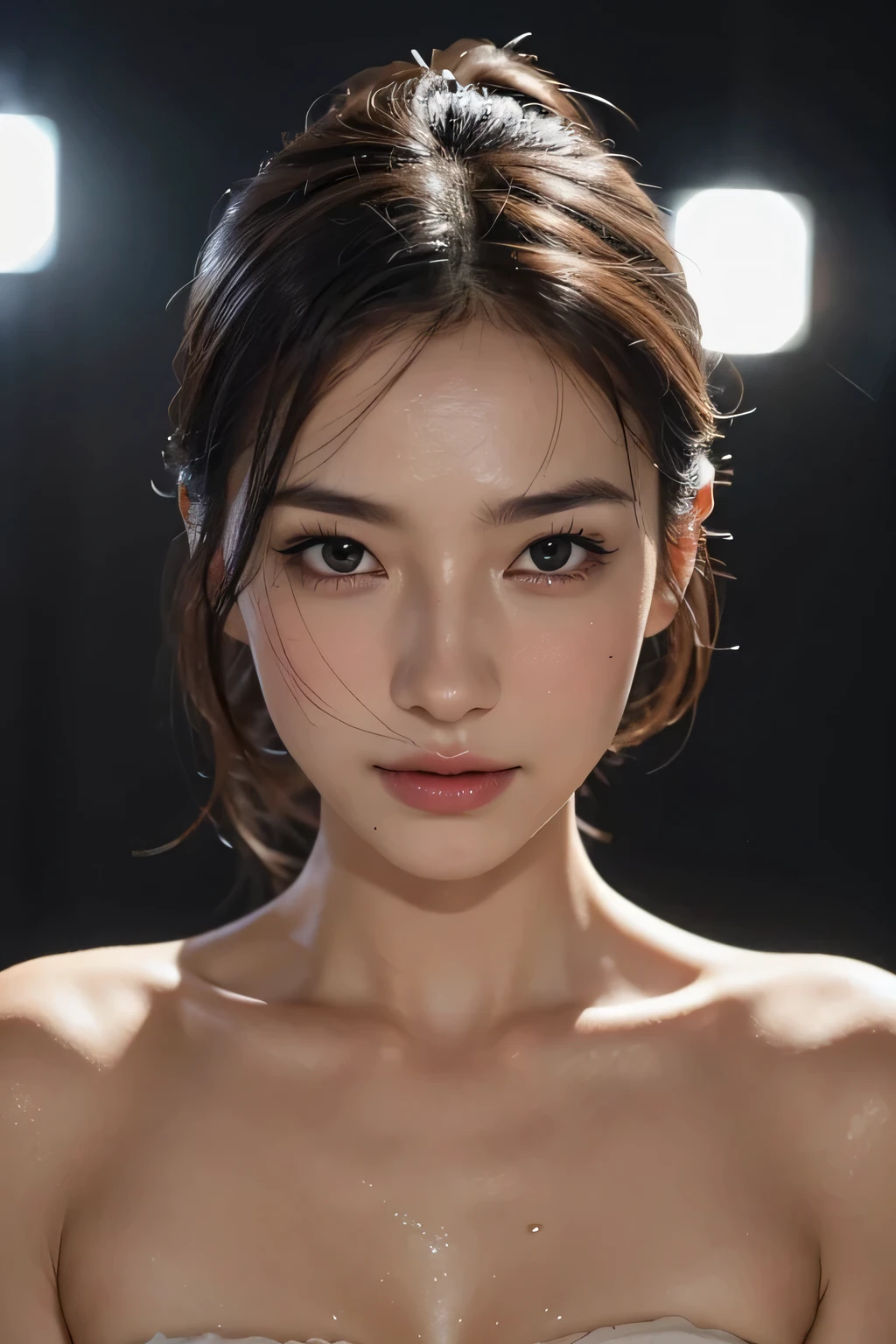 (Enhances the beauty of skin texture:1.1), highest quality、masterpiece, ultra high resolution、(Photoreal:1.4)、RAW photo、1 girl、shiny skin, wet body, dramatic lighting, RAW photo, table top:1.3, Super high resolution:1.0, sharp focus:1.2, beautiful woman with perfect figure:1.4, thin abs:1.2, wet body:1.5, Highly detailed face and skin texture, fine eyes, double eyelid, perfect facial balance, Clean system, smile, Soft light in a beautiful studio, rim light, vivid details, surreal, fine and beautiful skin, realistic skin, rubber suit, beautiful face, Beautiful woman, high solution face, Soft texture, nude, close up of face, glorious skin, face of glory, crazy high resolution, oily skin, oily face