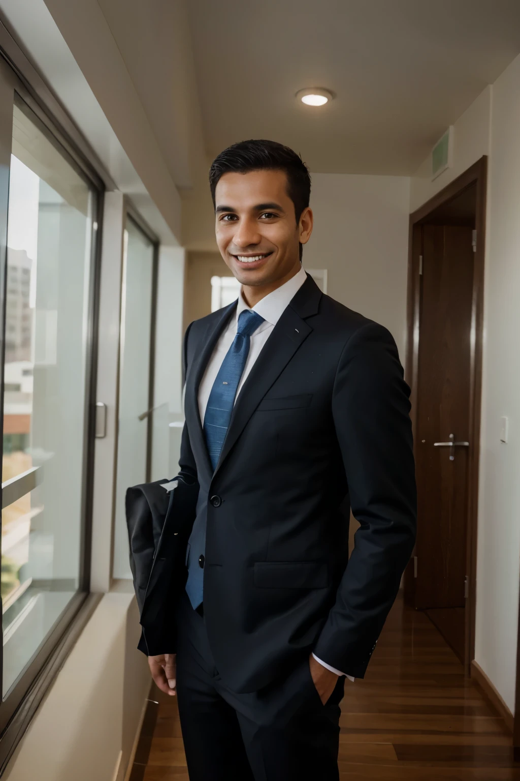 Professional photography for a business profile of a slim smiling Brazilian man with a height of 1.80, 42 years old, wearing business clothes with a suit and tie in a corporate style.