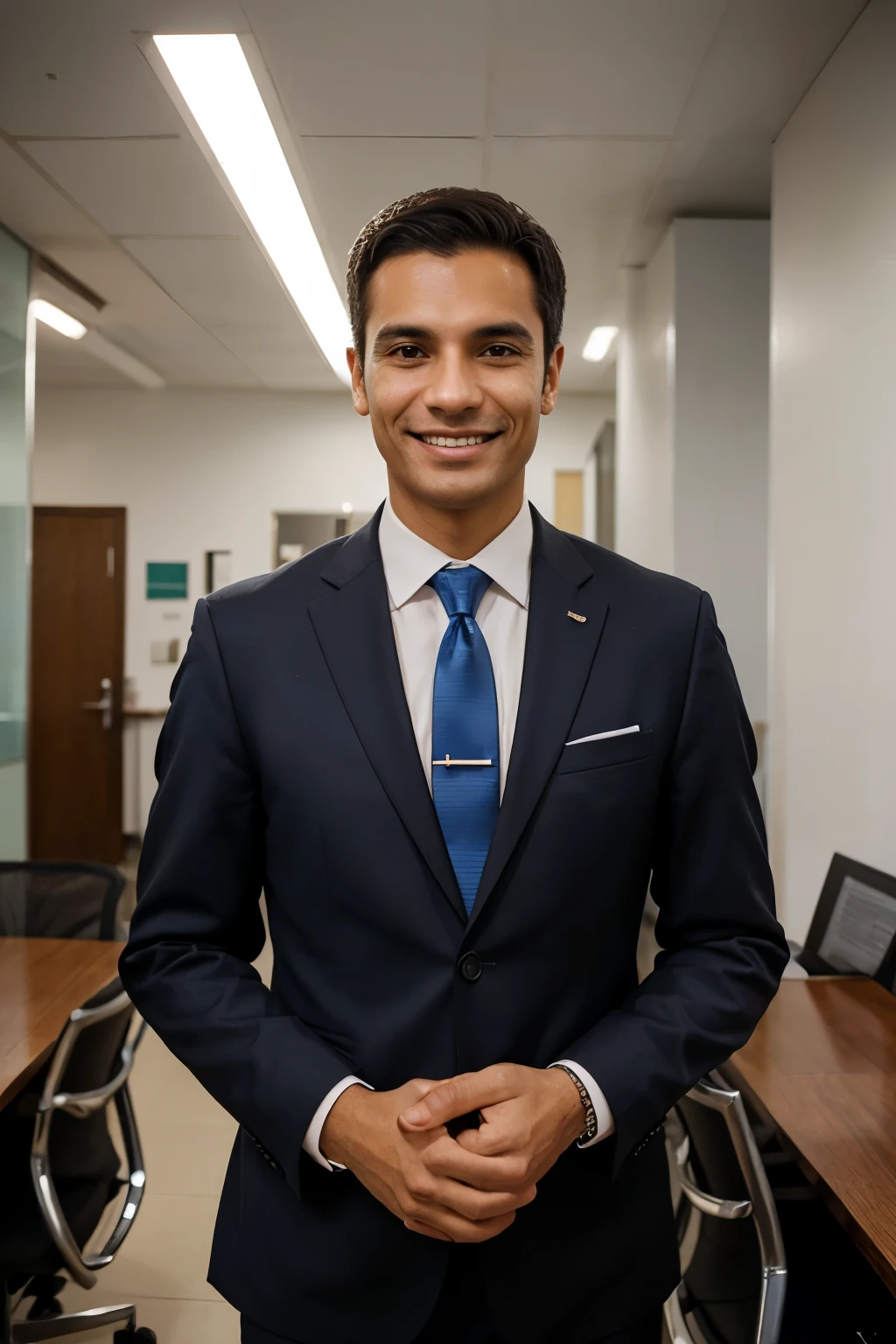 Professional photography for a business profile of a thin smiling Brazilian man with a height of 1.79, 40 years old, wearing business clothes with a suit and tie in a corporate style.